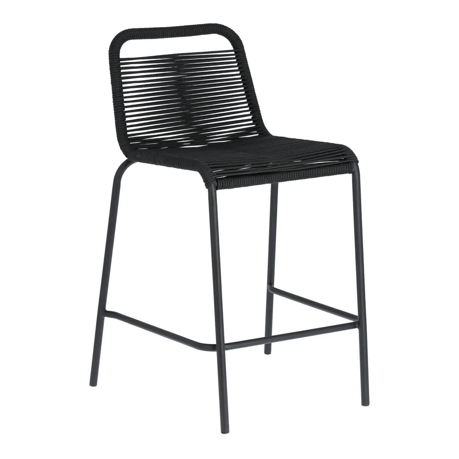 Moderner Hocker aus schwarzem Seil & Stahl, stapelbar, 62 cm hoch.