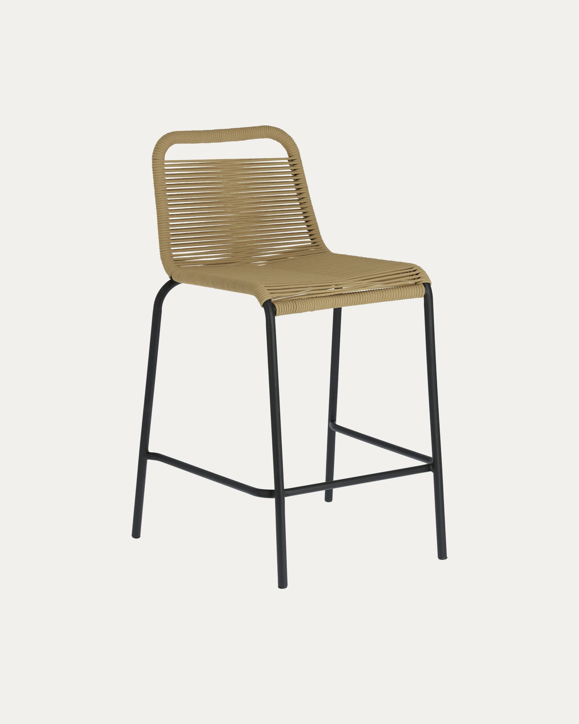 3D-Modell des Lambton Hockers: braunes Seilgeflecht, schwarzer Stahlrahmen, 62 cm hoch, robust, wetterfest, ideal für Aussenbereiche.