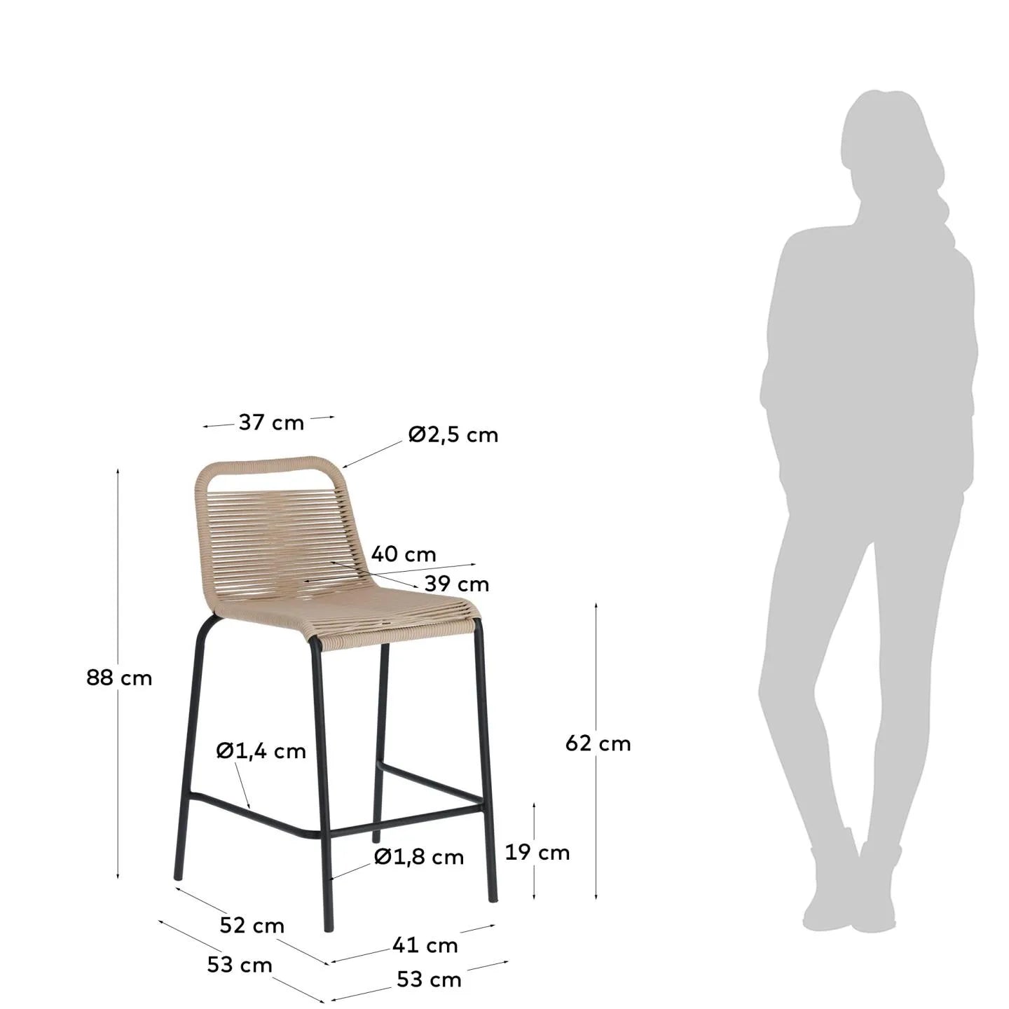 Eleganter Outdoor-Hocker aus braunem Seil und schwarzem Stahl, 62 cm hoch, ideal für stilvolle Terrassen.