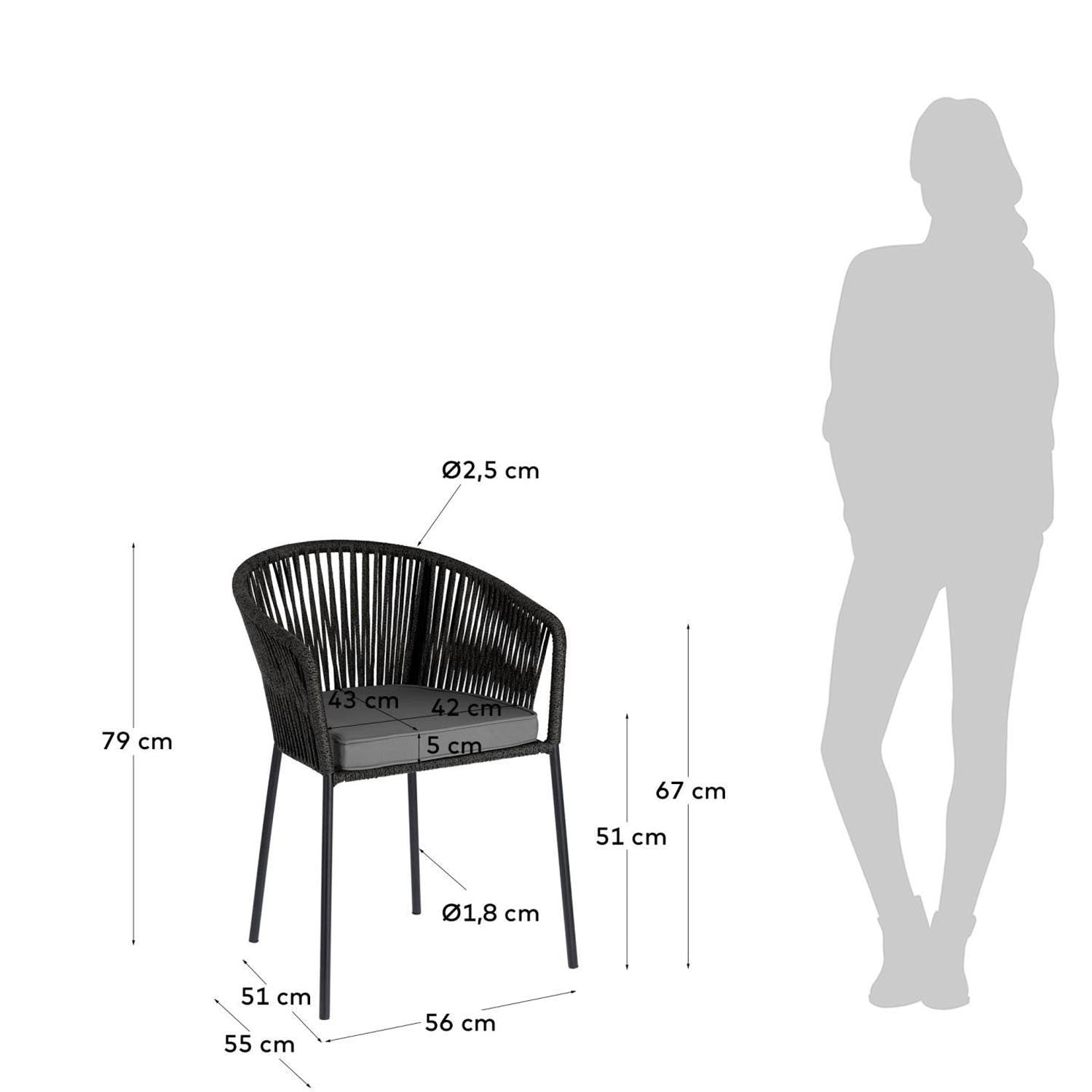Yanet Stuhl in Schwarz: Eleganter Gartenstuhl aus hochwertigem Seil, stabilen Stahlbeinen. Ideal für stilvolle Outdoor-Momente.