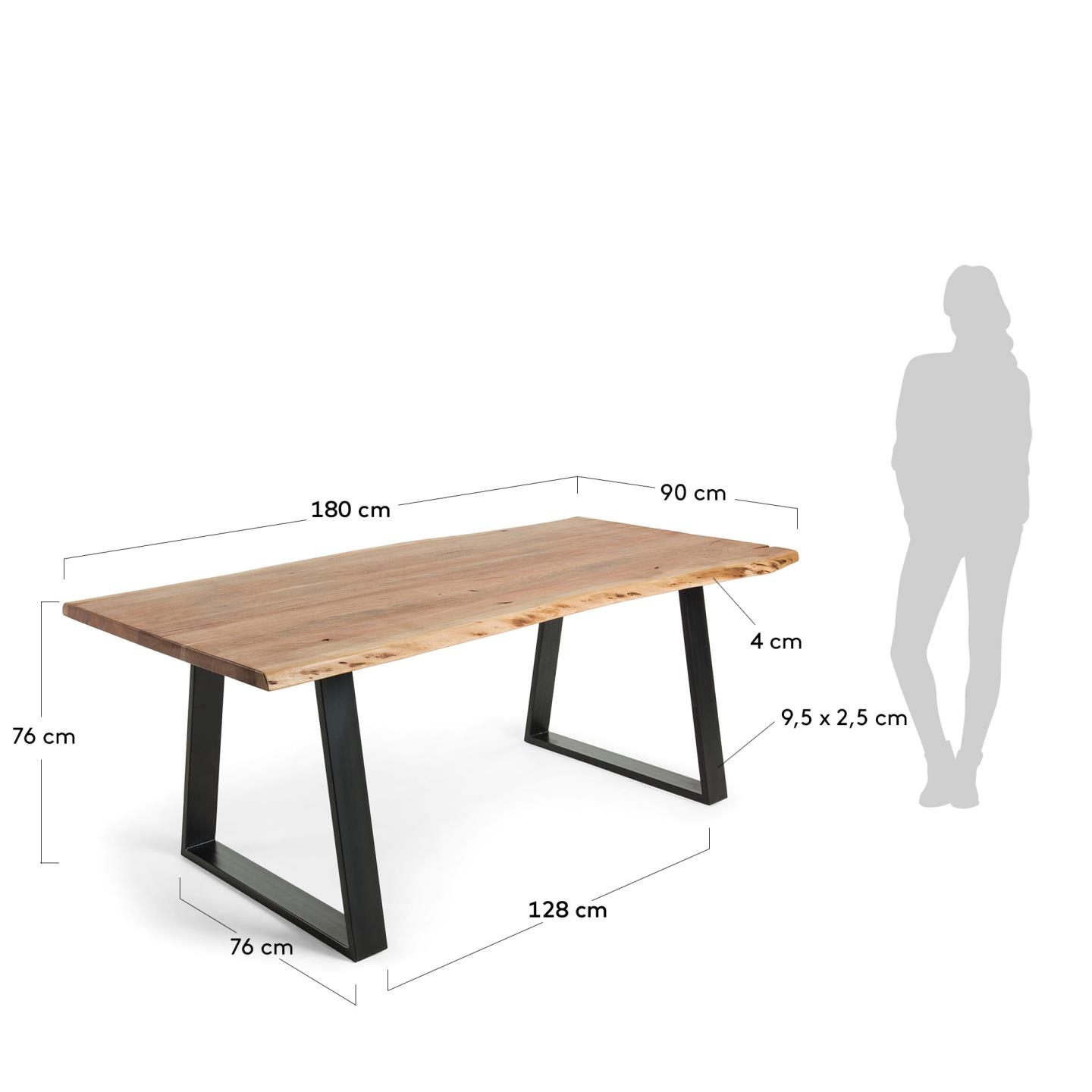 Eleganter Alaia Tisch aus massivem Akazienholz, 180x90 cm, mit robusten schwarzen Stahlbeinen, ideal für moderne Wohnräume.