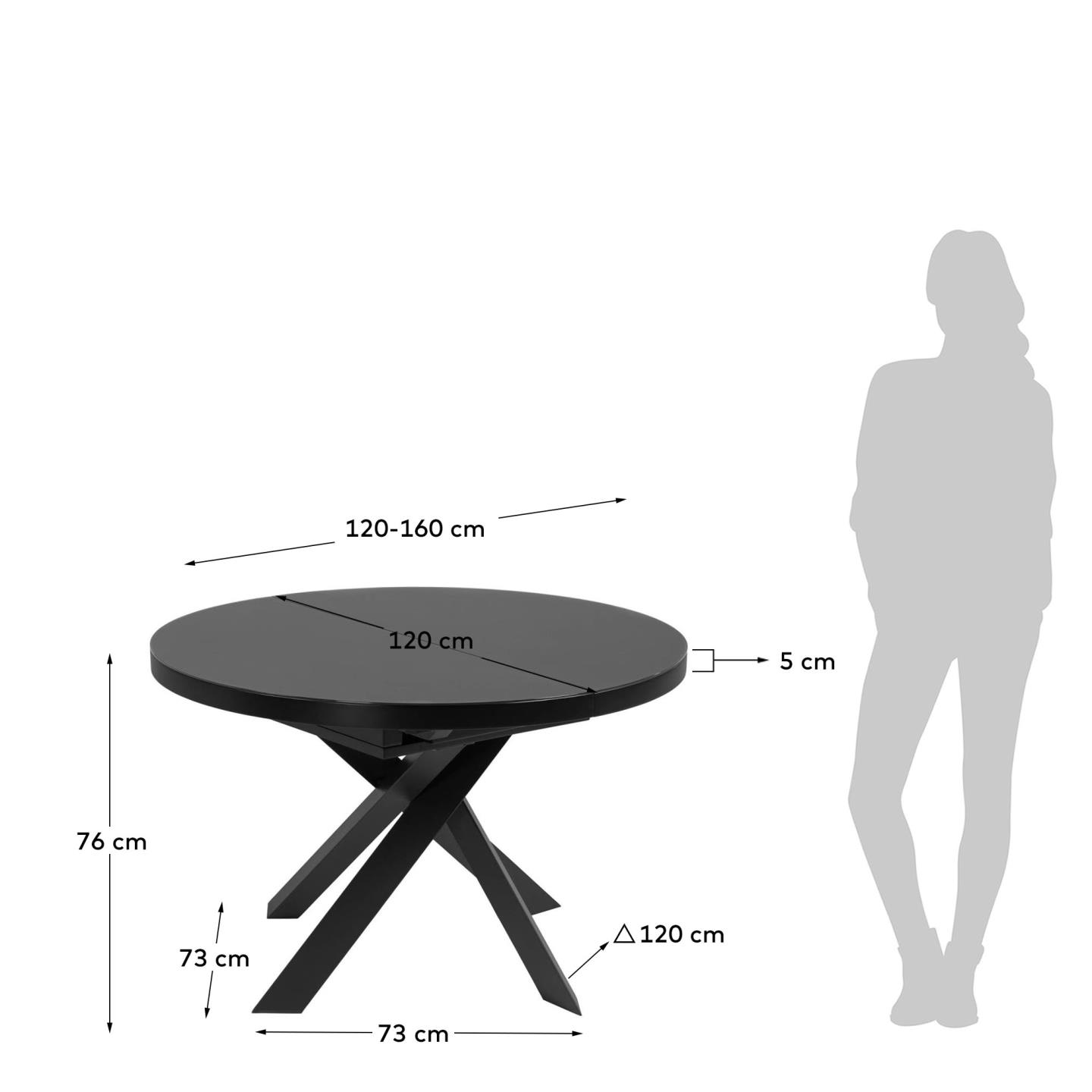 Eleganter runder Ausziehtisch mit Glasplatte und stabilen Stahlbeinen, erweiterbar von 120 auf 160 cm.