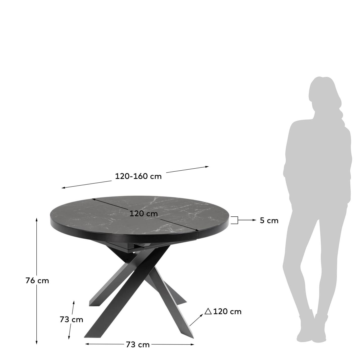 Vashti ausziehbarer Tisch (Ø 120-160 cm) mit langlebiger Feinsteinzeugplatte und stilvollen Stahlbeinen – perfekt für moderne Essbereiche.