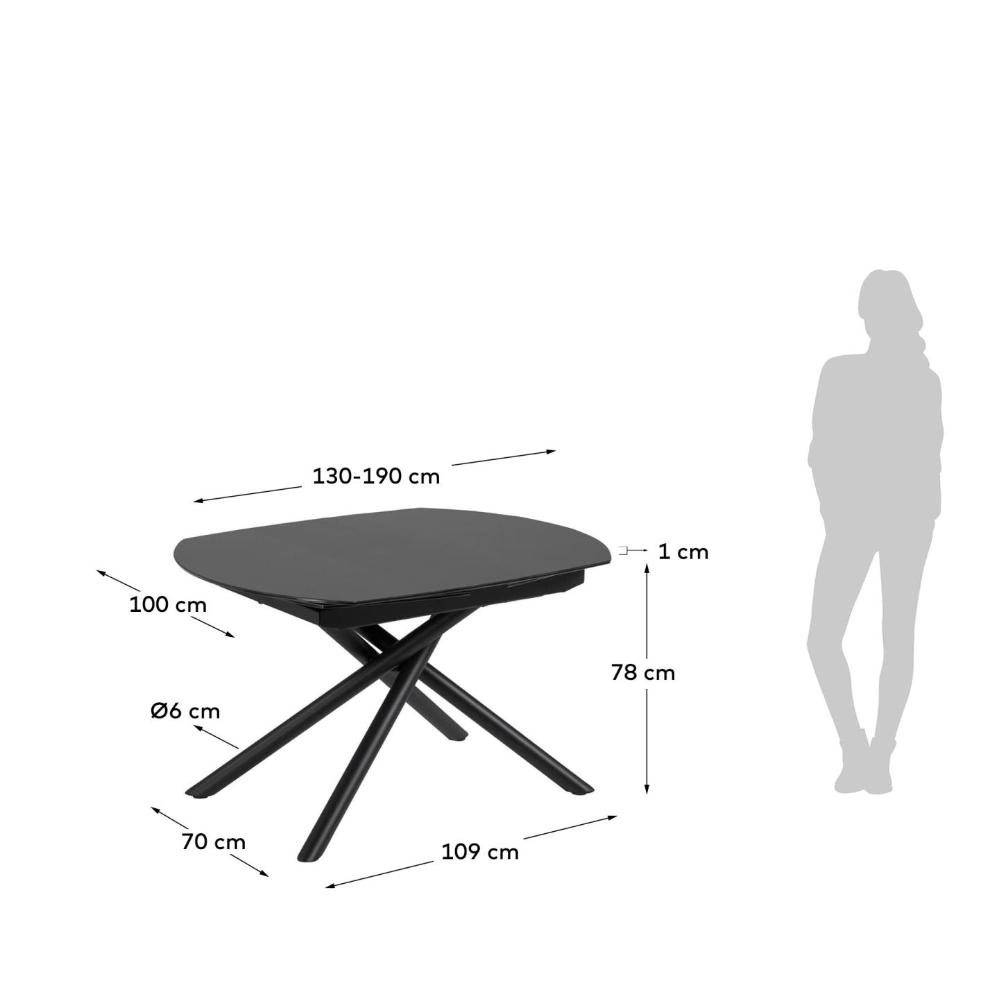 Eleganter Yodalia Ausziehtisch von Kave Home mit robuster Glasplatte und schwarzen Stahlbeinen, erweiterbar von 130 auf 190 cm – perfekt für jedes Esszimmer.