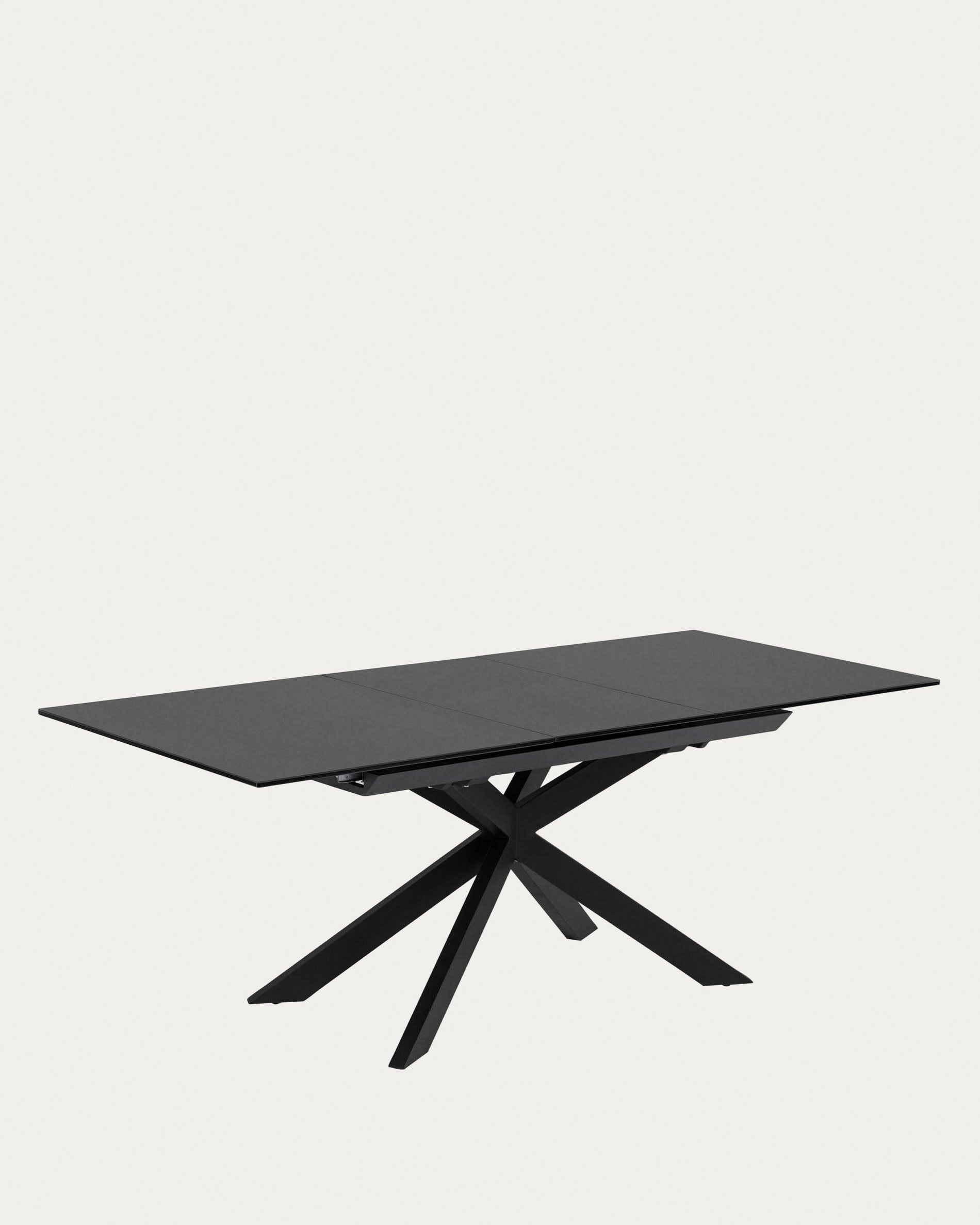 Eleganter Atminda Ausziehtisch mit Glasplatte und schwarzen Stahlbeinen, 160-210 x 90 cm, perfekt für moderne Esszimmer.