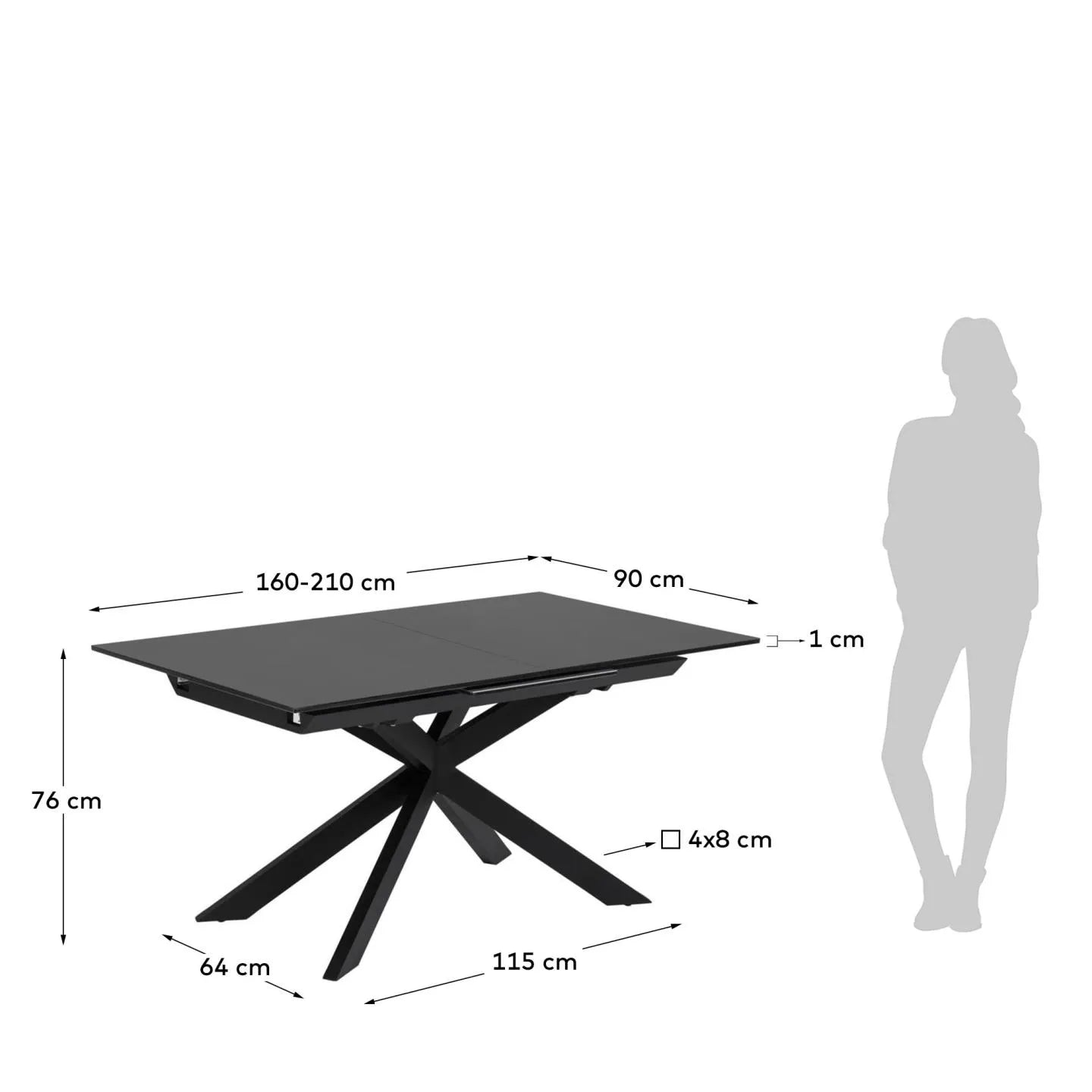 Moderner Atminda Ausziehtisch mit Glasplatte und schwarzen Stahlbeinen, 160-210 x 90 cm, ideal für stilvolle Esszimmer.