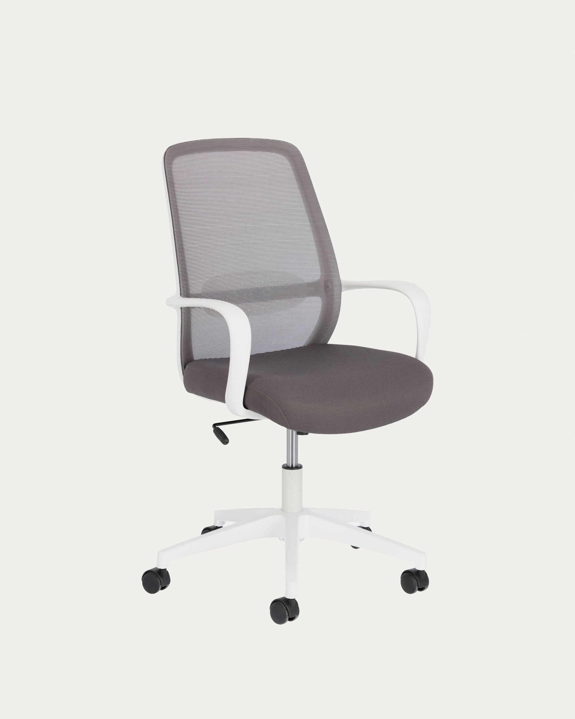 3D-Modell: Grauer Schreibtischstuhl, weisse Stahlbeine, modern und komfortabel, ideal für Home Office, AR-kompatibel.