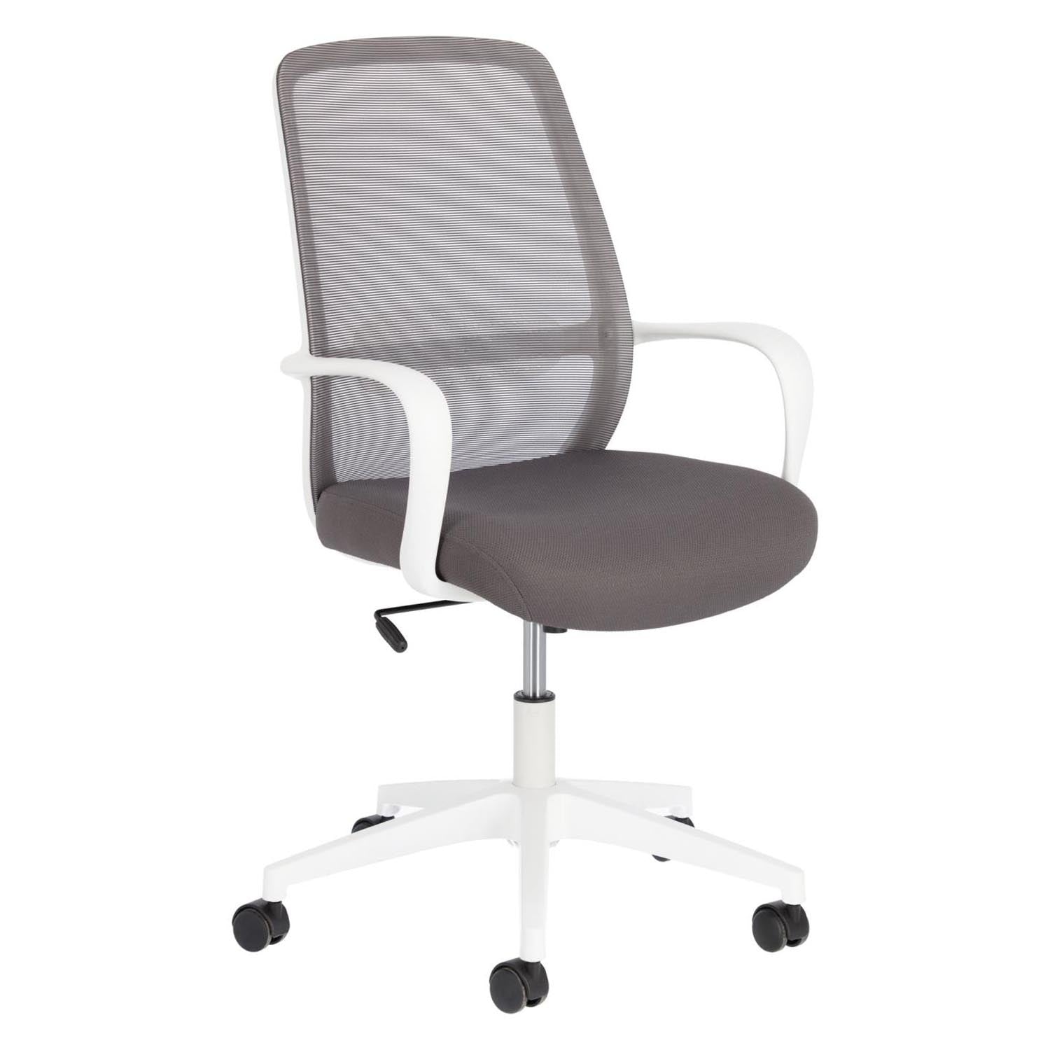 Moderner, grauer Schreibtischstuhl mit weissen Stahlbeinen, komfortabel und funktional für dein Home Office.