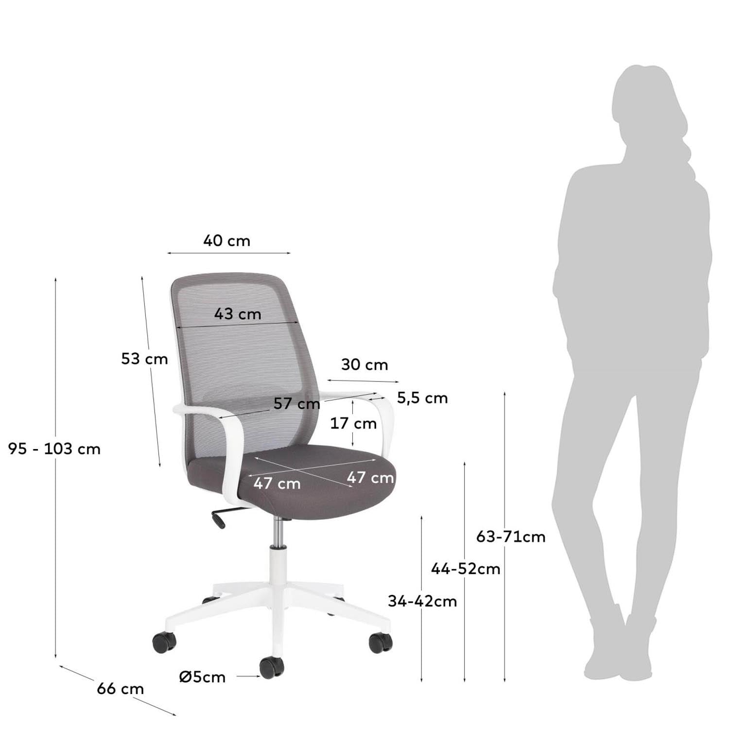 Moderner grauer Schreibtischstuhl mit weißen Stahlbeinen von Kave Home. Bequem, funktional und perfekt für dein Home Office.