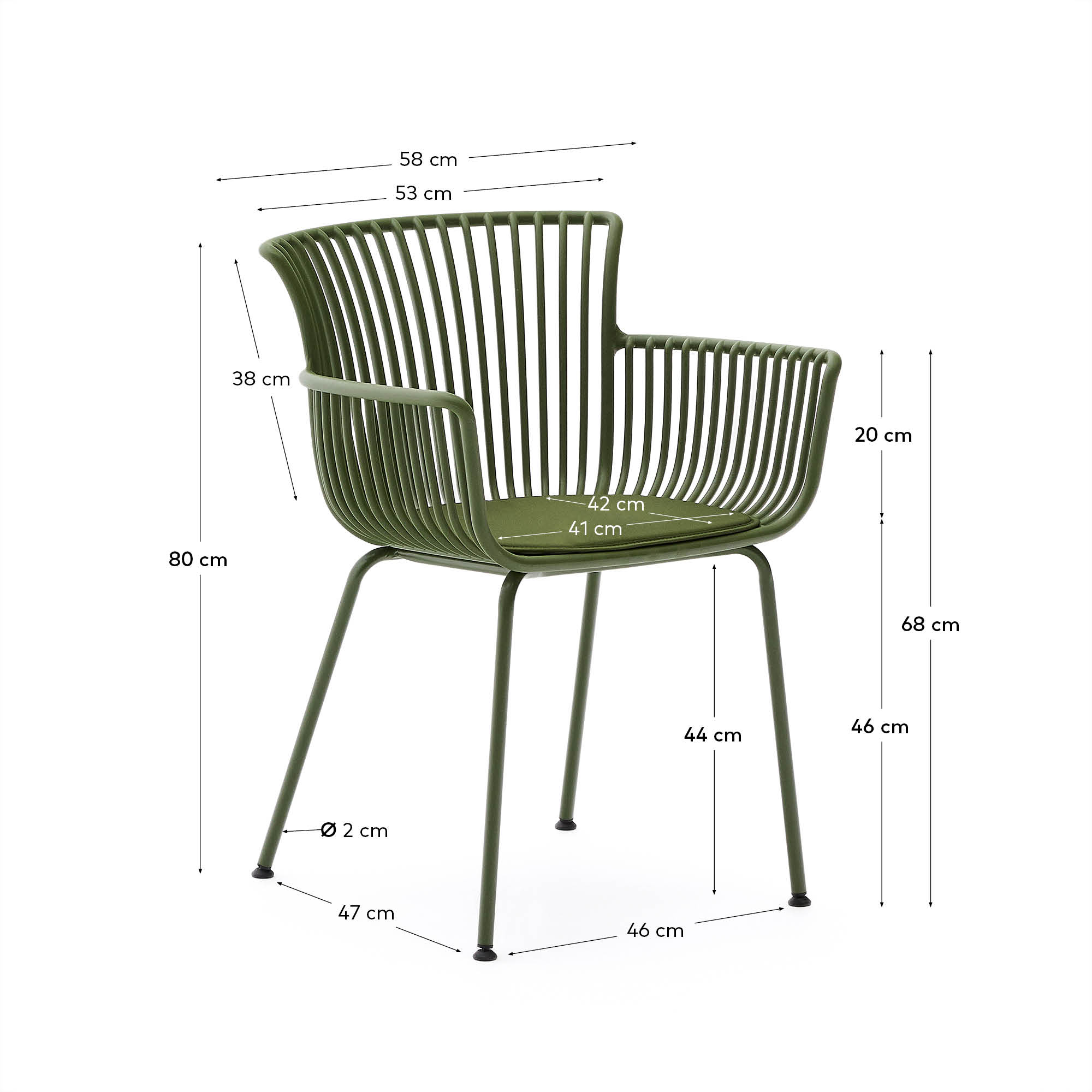 Der Surpika Outdoor-Stuhl von Kave Home besticht durch grüne Stahlbeine und modernes Design, ideal für stilvolle Außenbereiche.