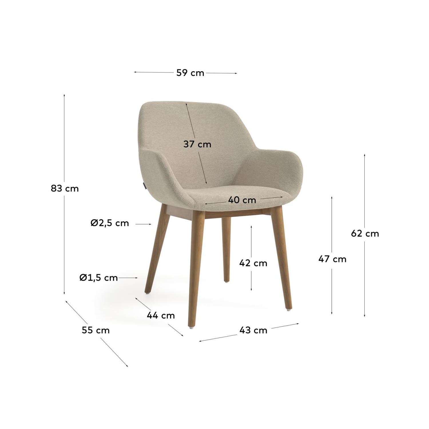 Konna Stuhl in Beige und Beine aus massivem Eschenholz mit dunklem Finish in Beige präsentiert im Onlineshop von KAQTU Design AG. Stuhl mit Armlehnen ist von Kave Home