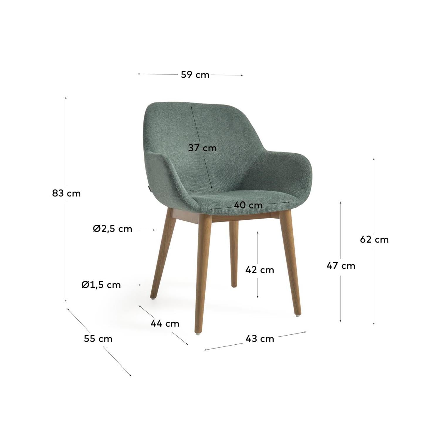 Konna Stuhl in elegantem Grün mit stabilen Eschenholzbeinen. Ideal für stilvolle Esszimmer und gesellige Abende.