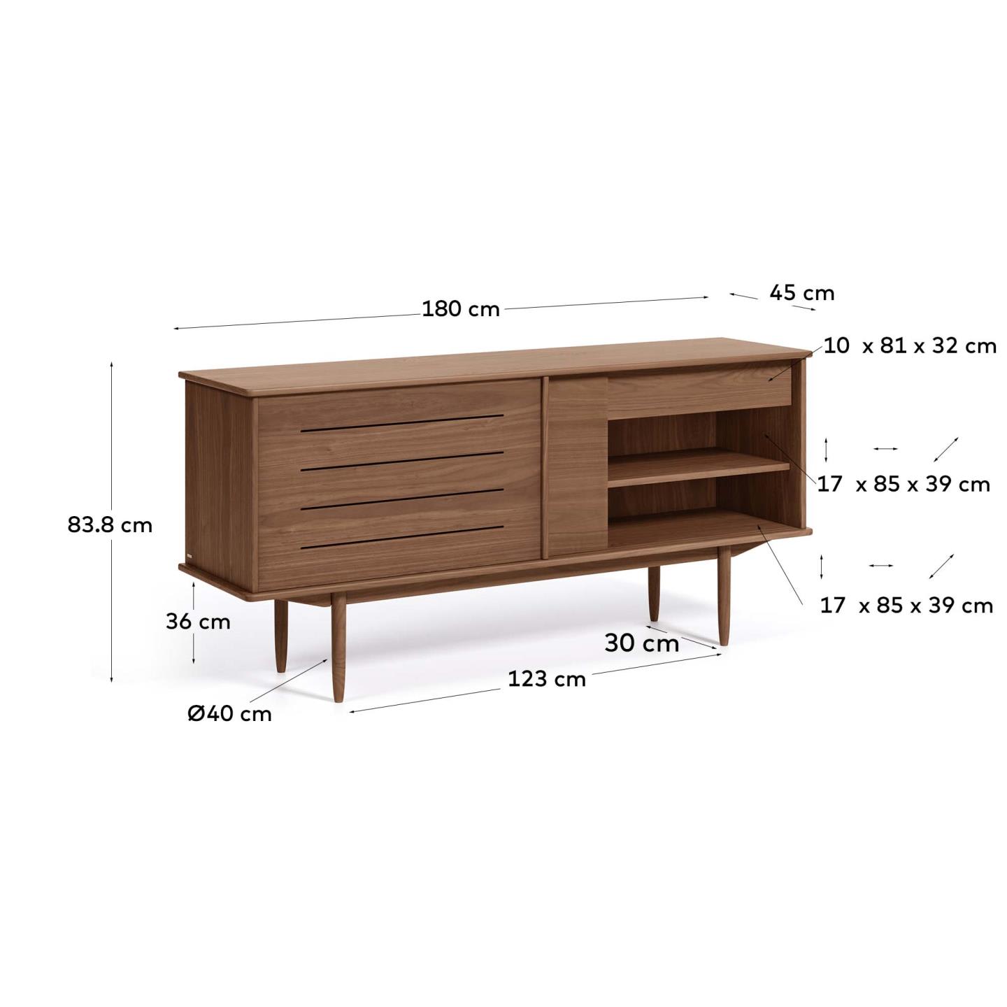 Das Carolin Sideboard von Kave Home vereint elegantes Nussholzfurnier mit praktischem Stauraum und einem ansprechenden Retro-Stil.