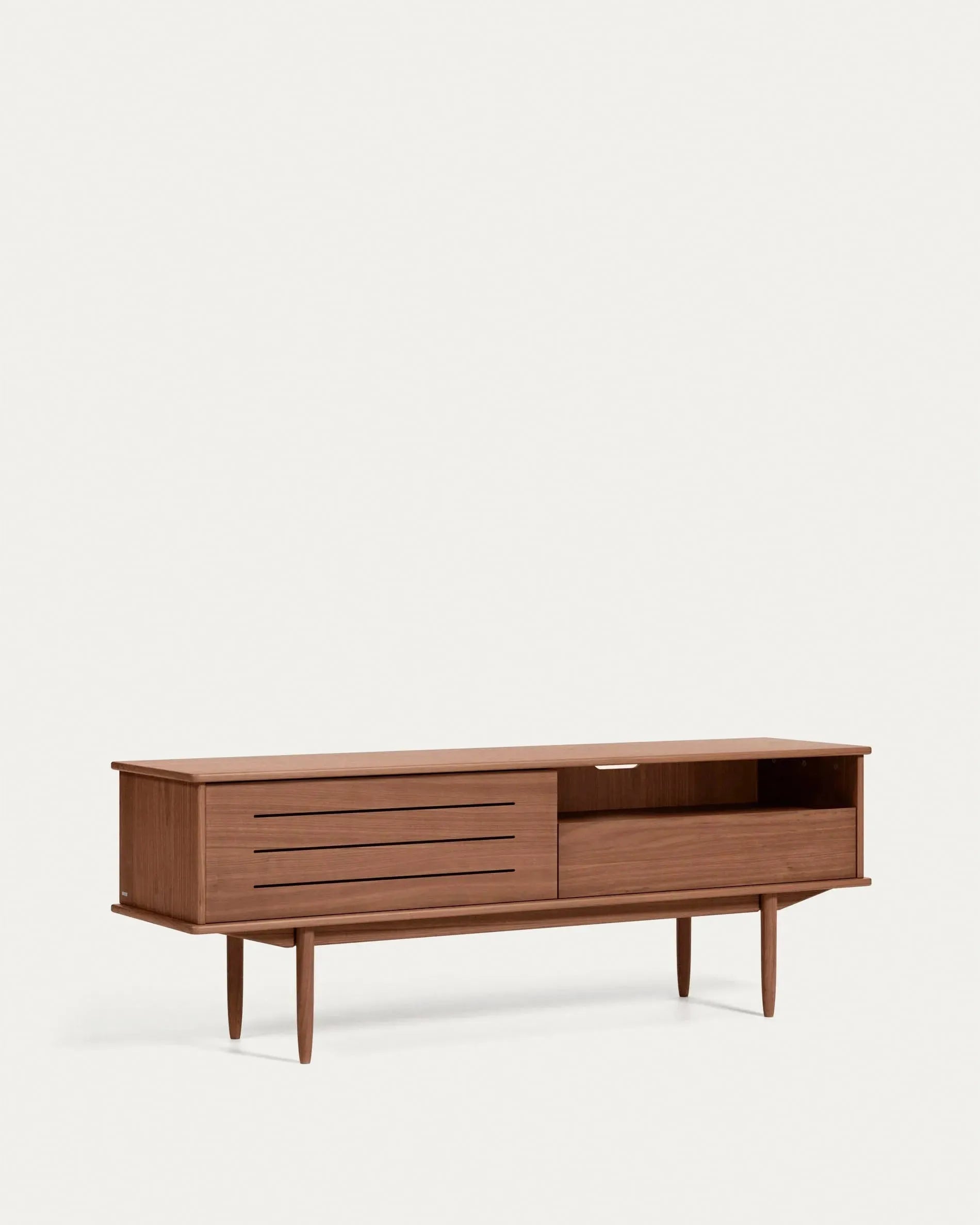 Eleganter TV-Schrank aus Nussholzfurnier mit einer Tür und Schublade, 180 x 63,5 cm, von Kave Home, ideal für stilvolle Wohnräume.