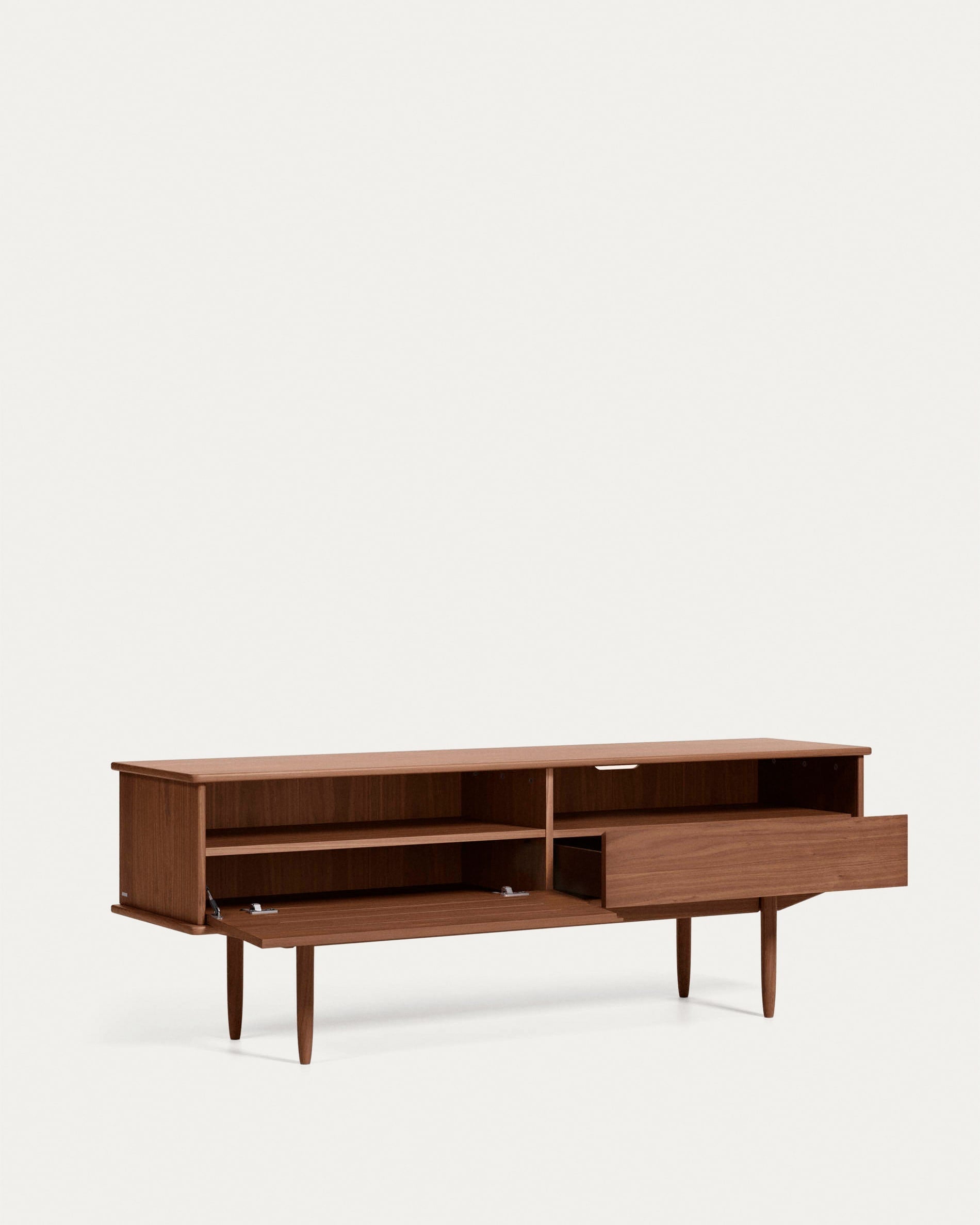 Moderner TV-Schrank aus edlem Nussholzfurnier, 180 x 63,5 cm, mit praktischer Tür und Schublade, perfekt für Ihr Wohnzimmer.