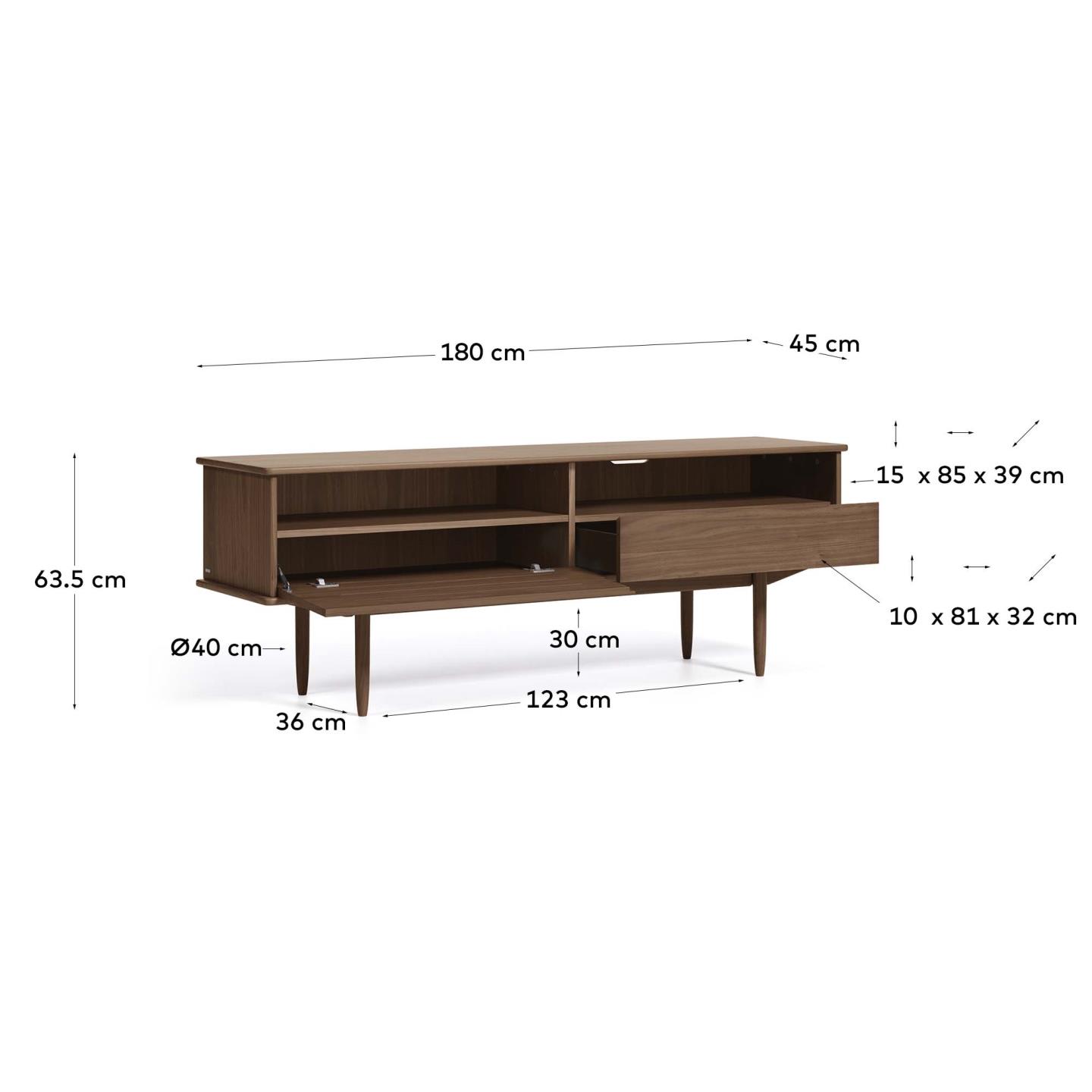 Eleganter TV-Schrank aus Nussholzfurnier, inspiriert von den 50ern, mit Tür und Schublade für stilvollen Stauraum.