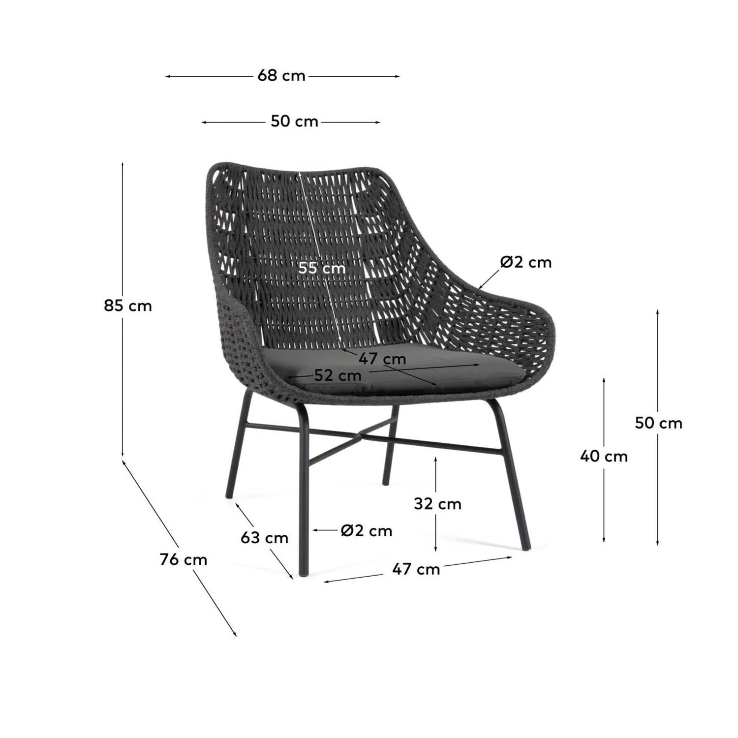 Eleganter Abeli Seilsessel in Schwarz von Kave Home für den Balkon.