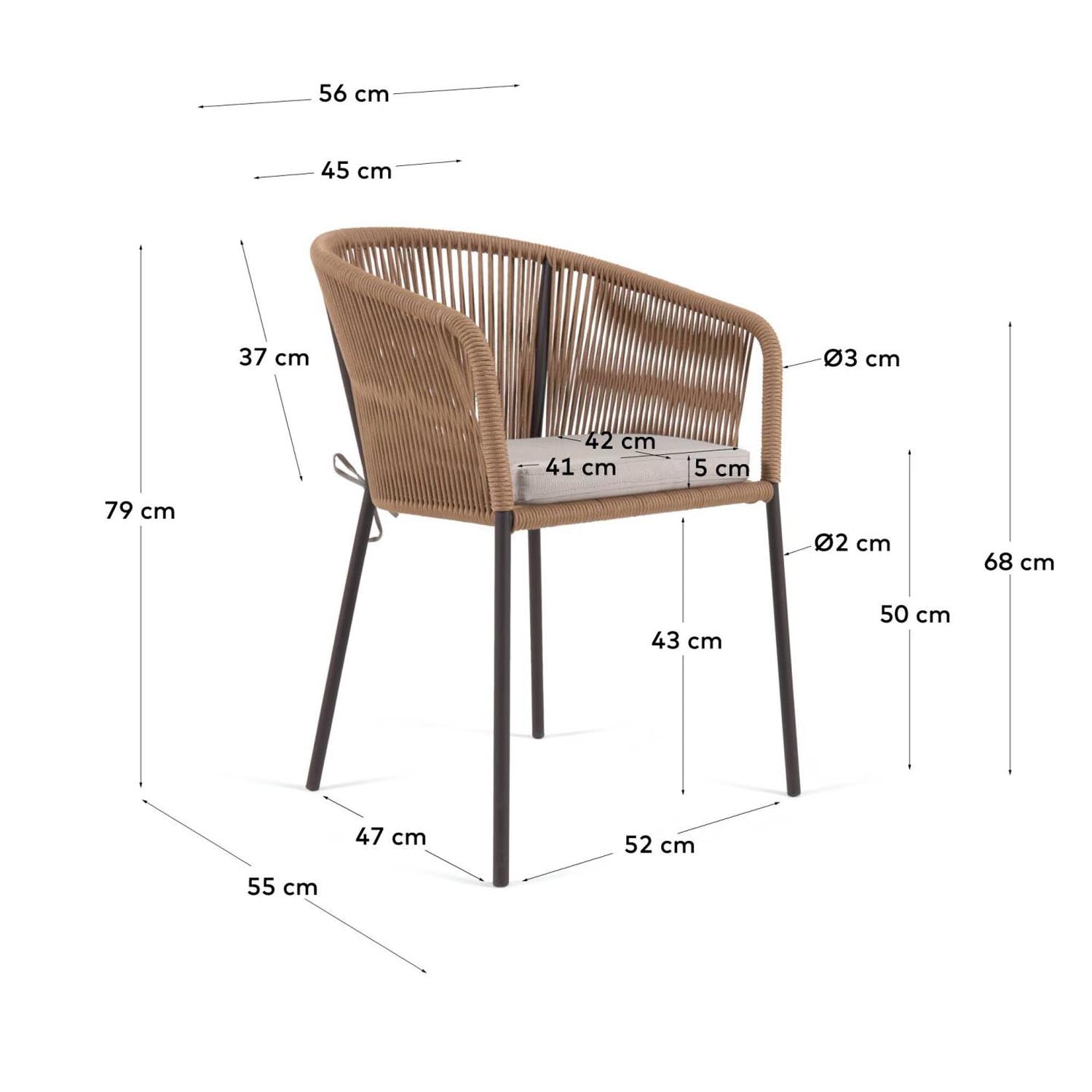 Yanet Stuhl in Beige: Eleganter Gartenstuhl mit robustem Seil und verzinktem Stahl, ideal für drinnen und draußen.