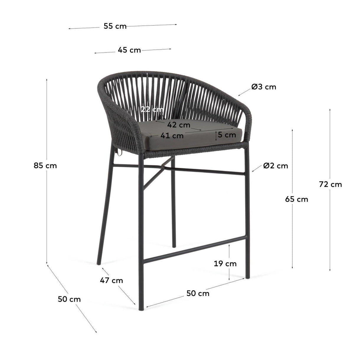 Yanet Hocker aus schwarzem Seil und verzinktem Stahl, Höhe 65 cm in Schwarz präsentiert im Onlineshop von KAQTU Design AG. Outdoor-Barstuhl mit Armlehne ist von Kave Home