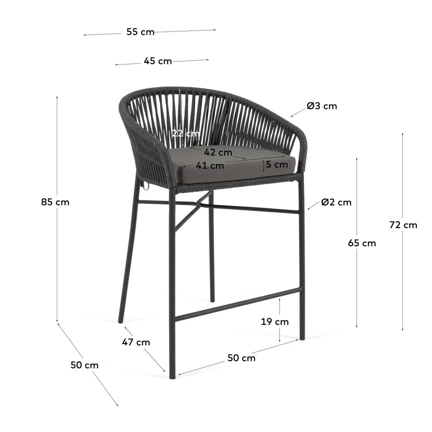 Yanet Hocker 65 cm: Modernes Design aus schwarzem Seil von Kave Home.