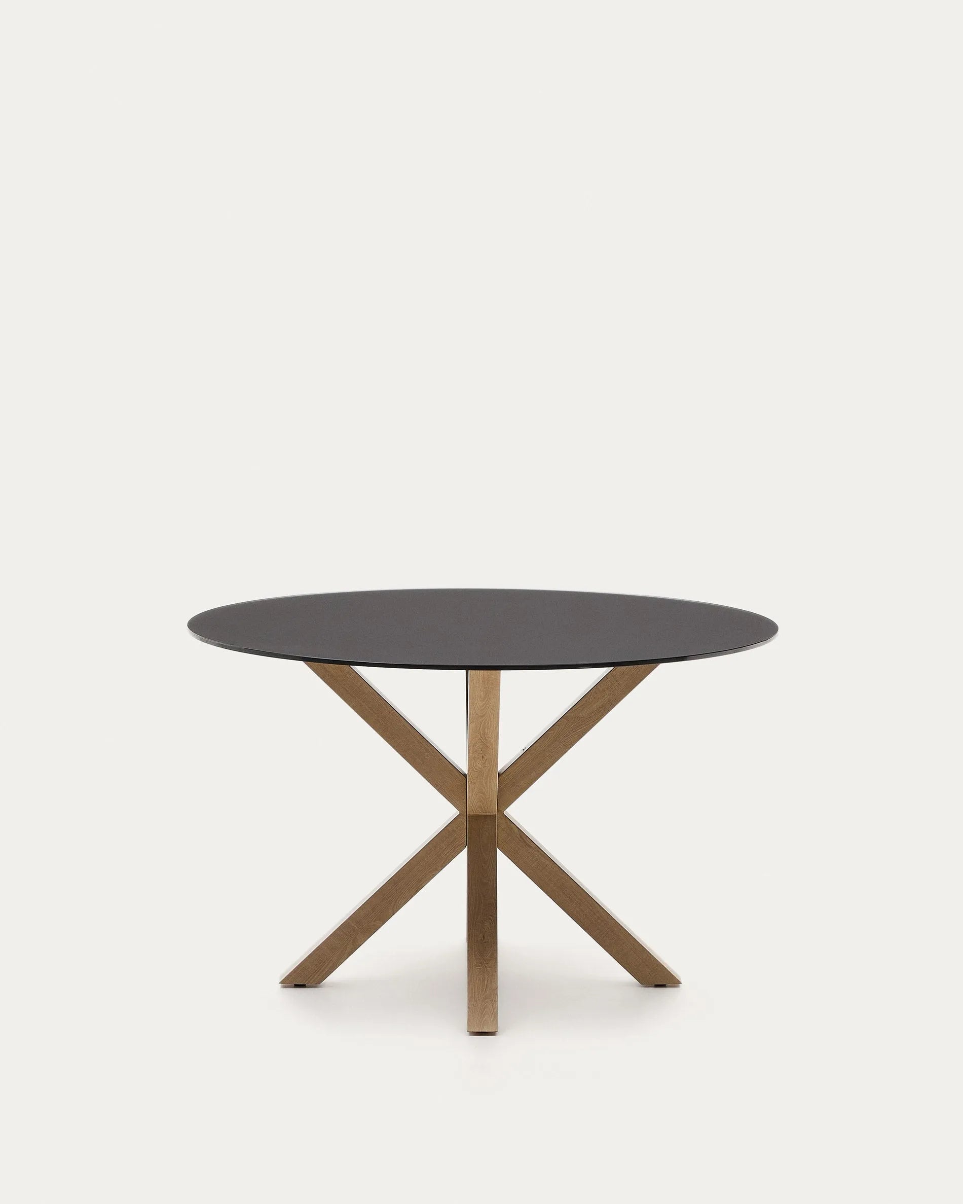 Moderner Tisch Argo mit schwarzer Milchglasplatte und stilvollen Stahlbeinen in Holzoptik, Ø 120 cm, von Kave Home.