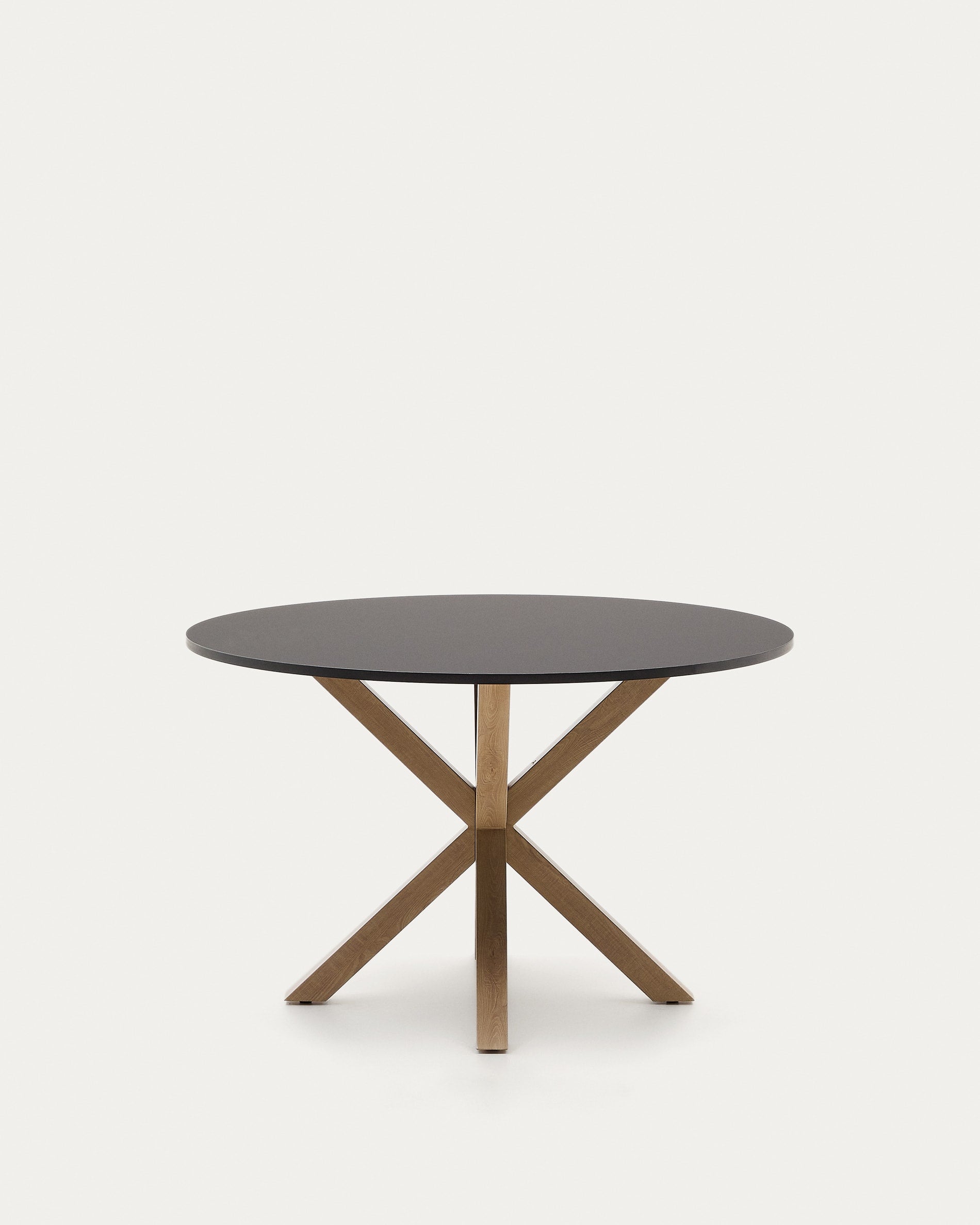 Moderner runder Tisch Argo Ø 120 cm, schwarze MDF-Tischplatte, Stahlbeine in Holzoptik, ideal für stilvolle Esszimmer.