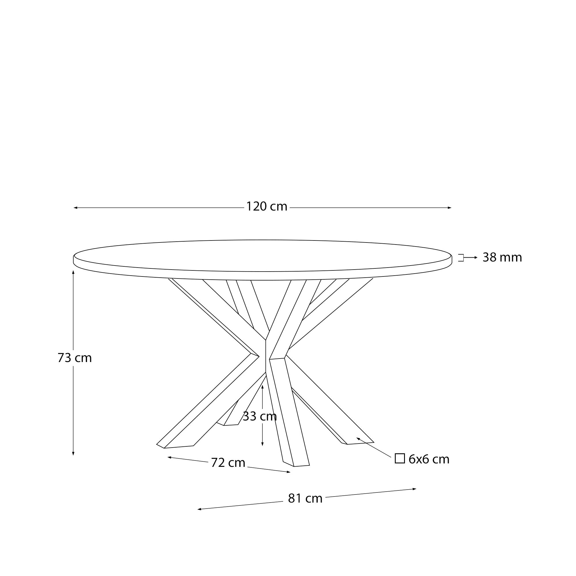 Eleganter runder Tisch Argo: Schwarz lackiertes MDF, Stahlbeine in Holzoptik, Ø 120 cm. Modernes Design für stilvolle Mahlzeiten.