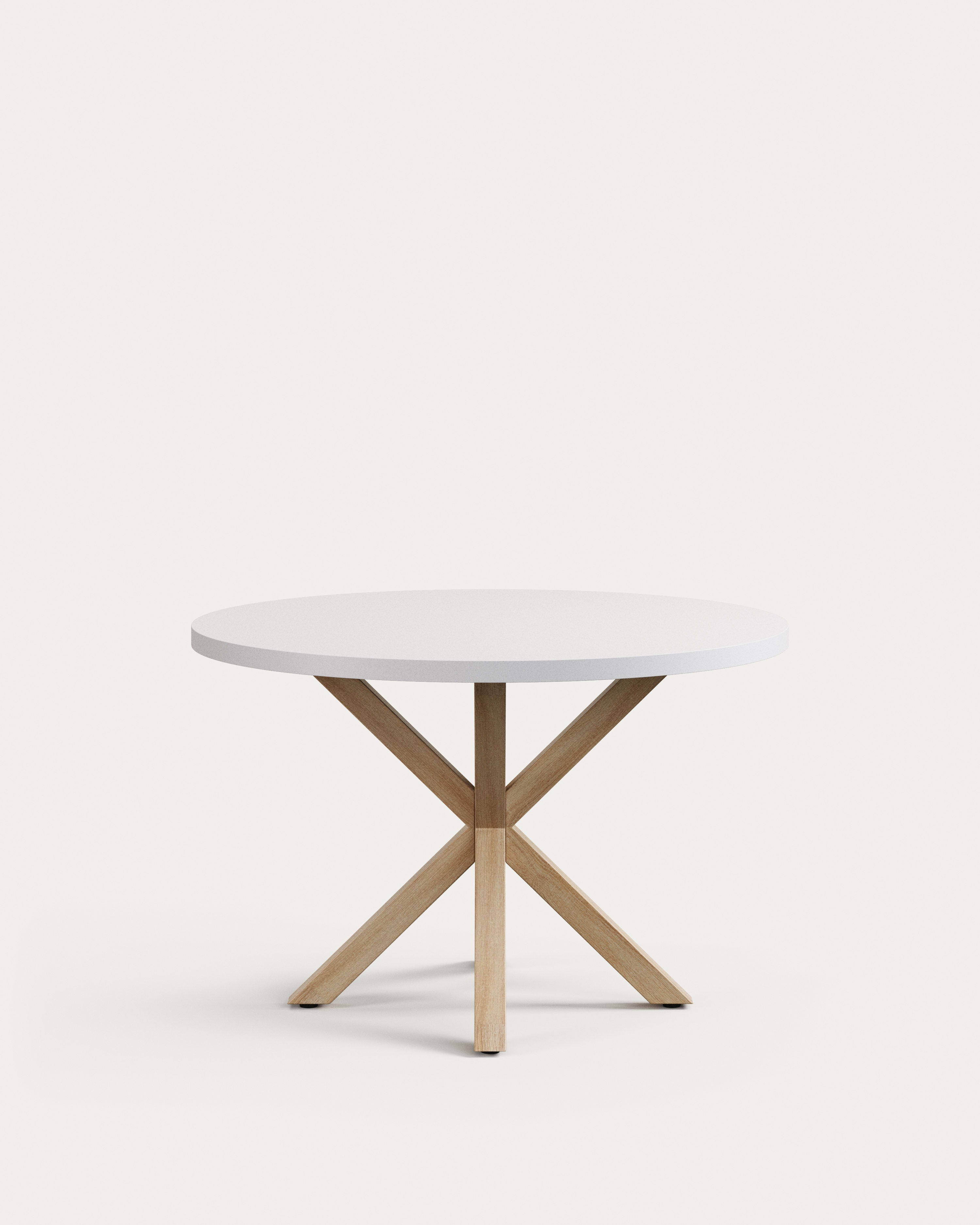 3D-Modell: Tisch Argo, Ø 120 cm, weisses Melamin, Stahlbeine in Holzoptik, elegant und robust.