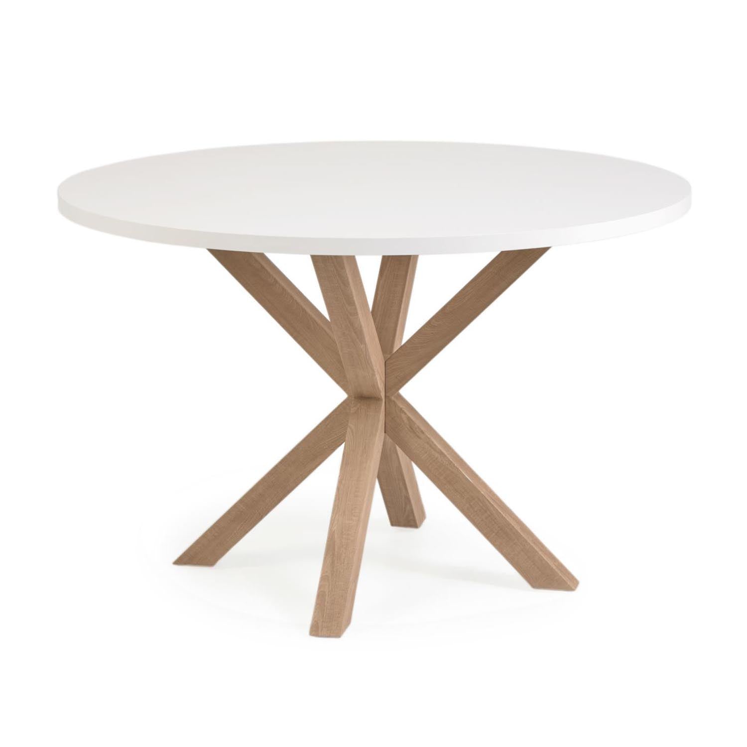 Eleganter Tisch Argo: Weisses Melamin, Stahlbeine in Holzoptik, Ø 120 cm. Stilvoll, robust, pflegeleicht.