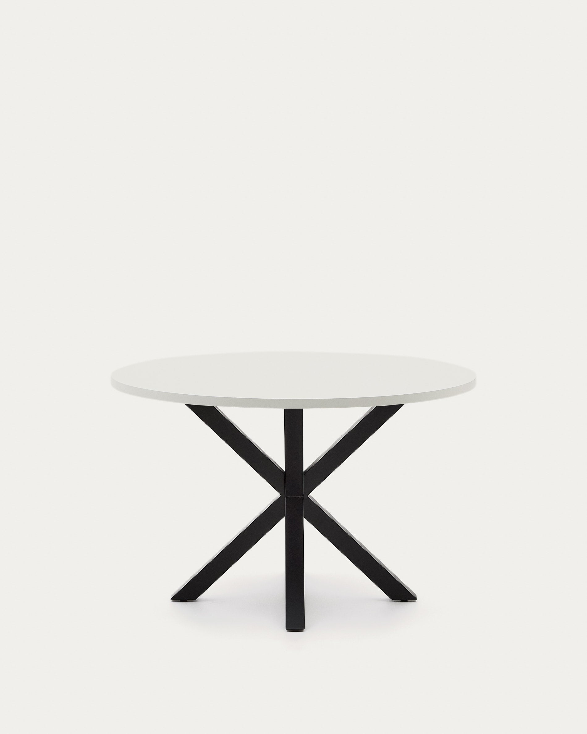 Moderner runder Tisch Argo: Weisse Melaminplatte, schwarze Stahlbeine, Ø 120 cm. Stilvoll, robust, ideal für gesellige Runden.