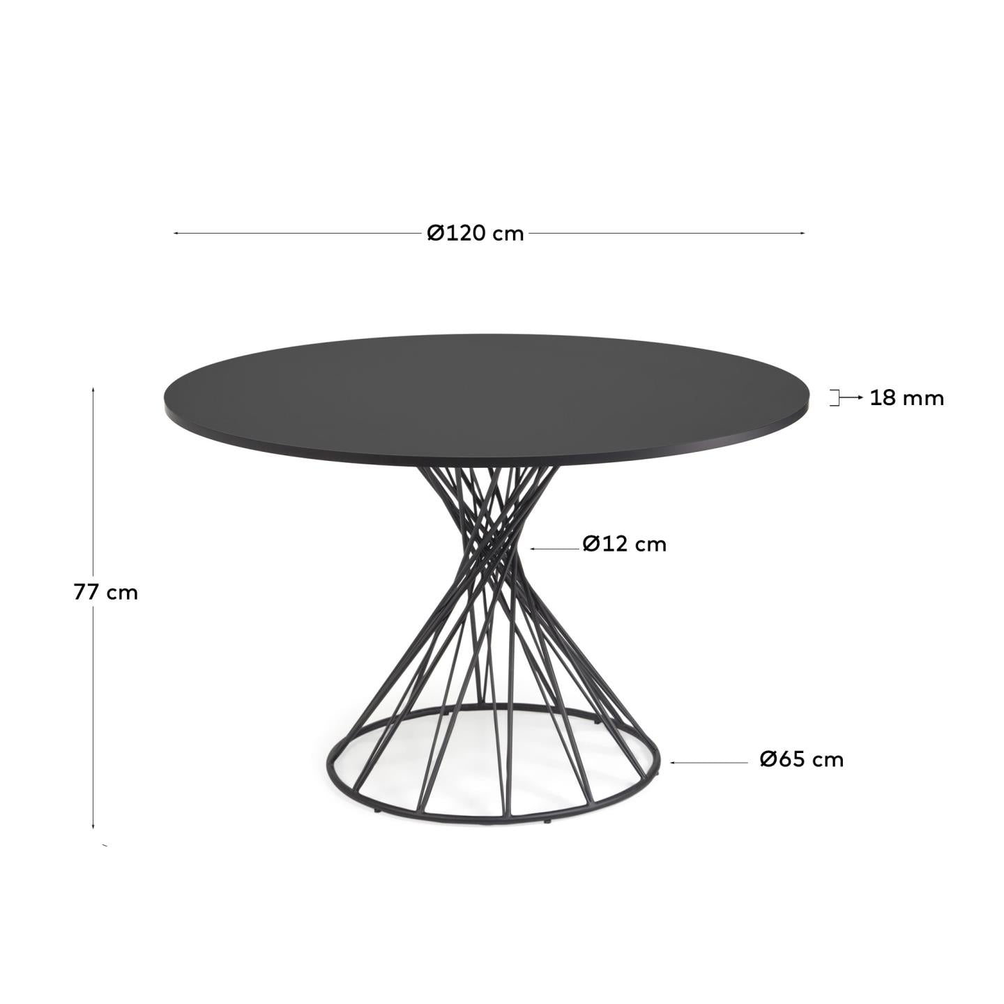 Eleganter runder Tisch mit schwarzer MDF-Platte und stabilen Stahlbeinen, ideal für moderne Wohnräume.