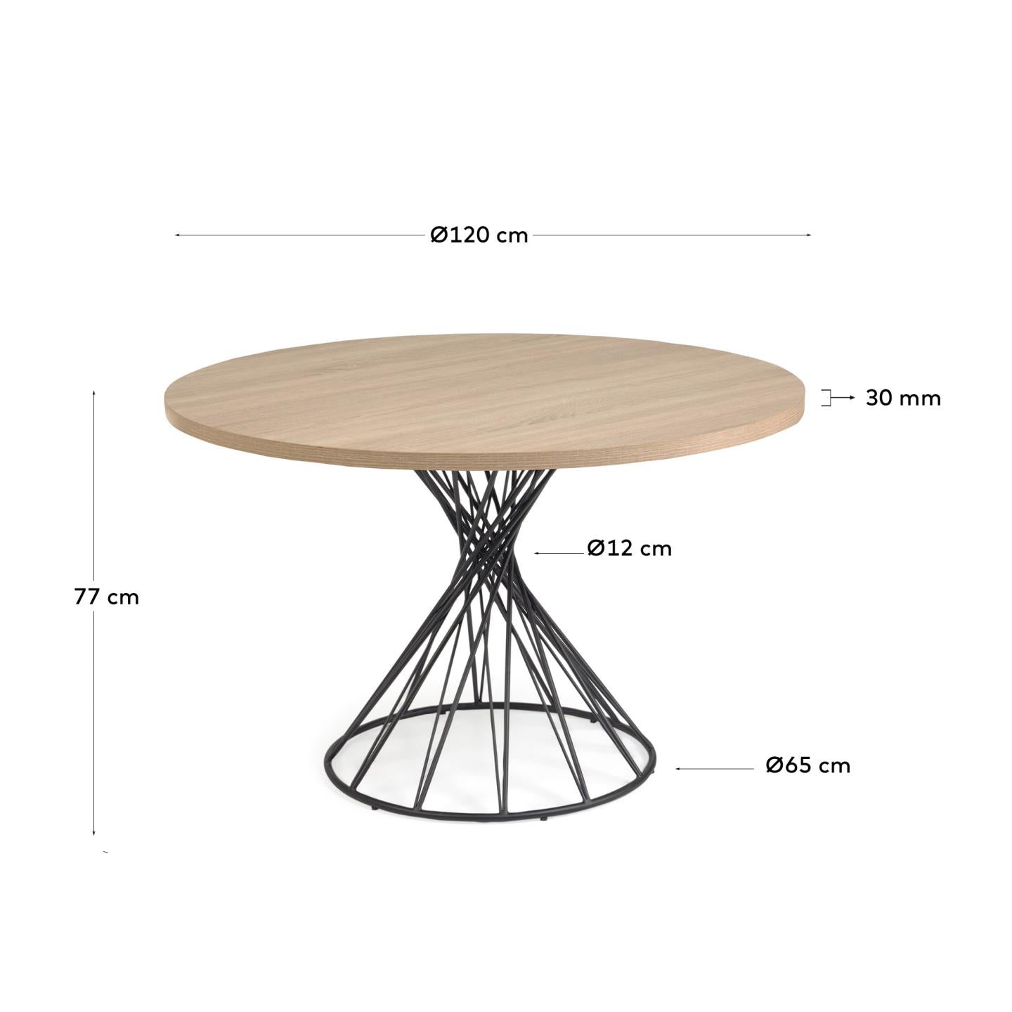 Eleganter runder Tisch mit 120 cm Durchmesser, Melamin in natürlicher Holzoptik und robusten Stahlbeinen. Perfekt für jeden Anlass!