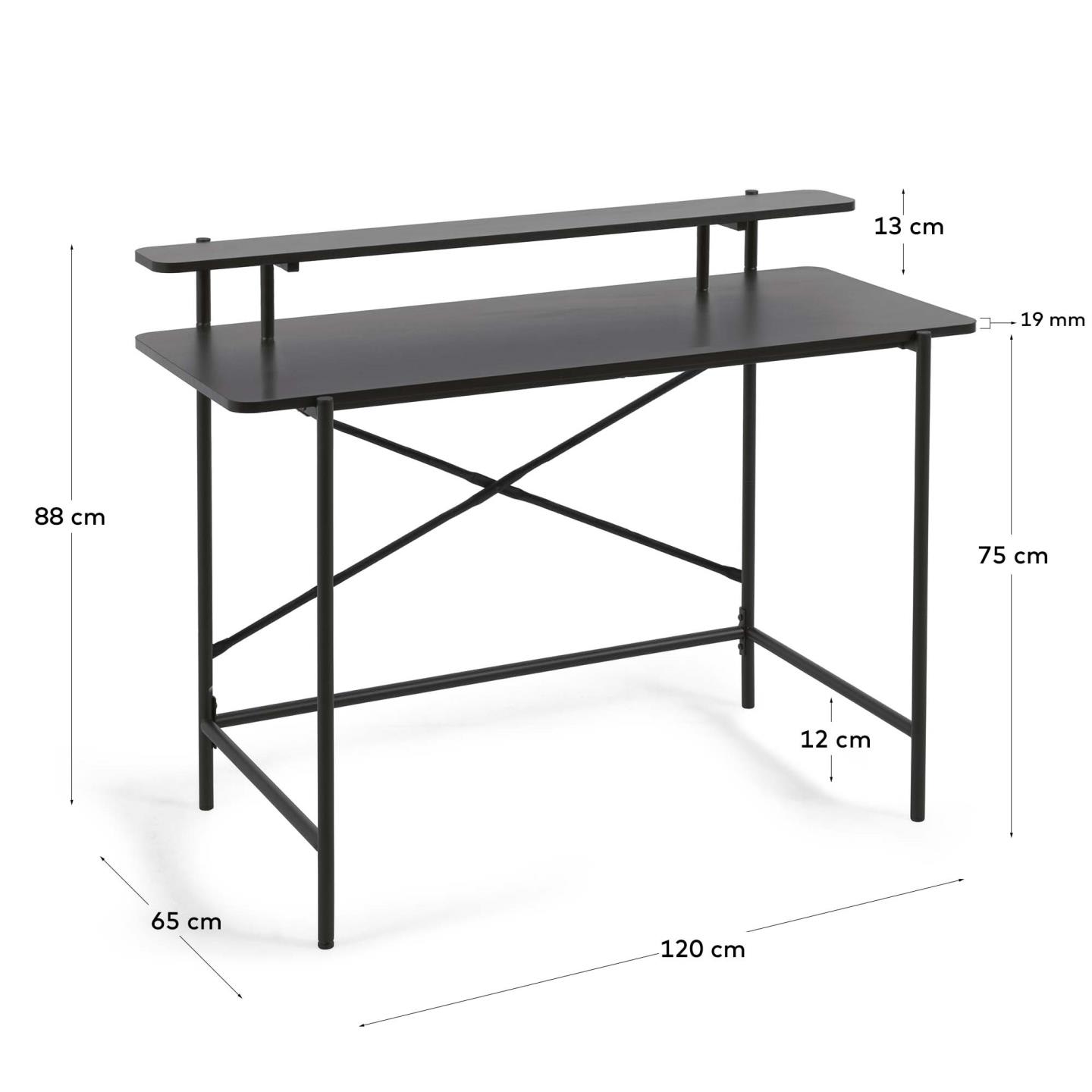 Eleganter Galatia Tisch mit schwarzer Melaminplatte und robusten Metallbeinen, 120x60 cm, perfekt für moderne Wohn- und Arbeitsräume.
