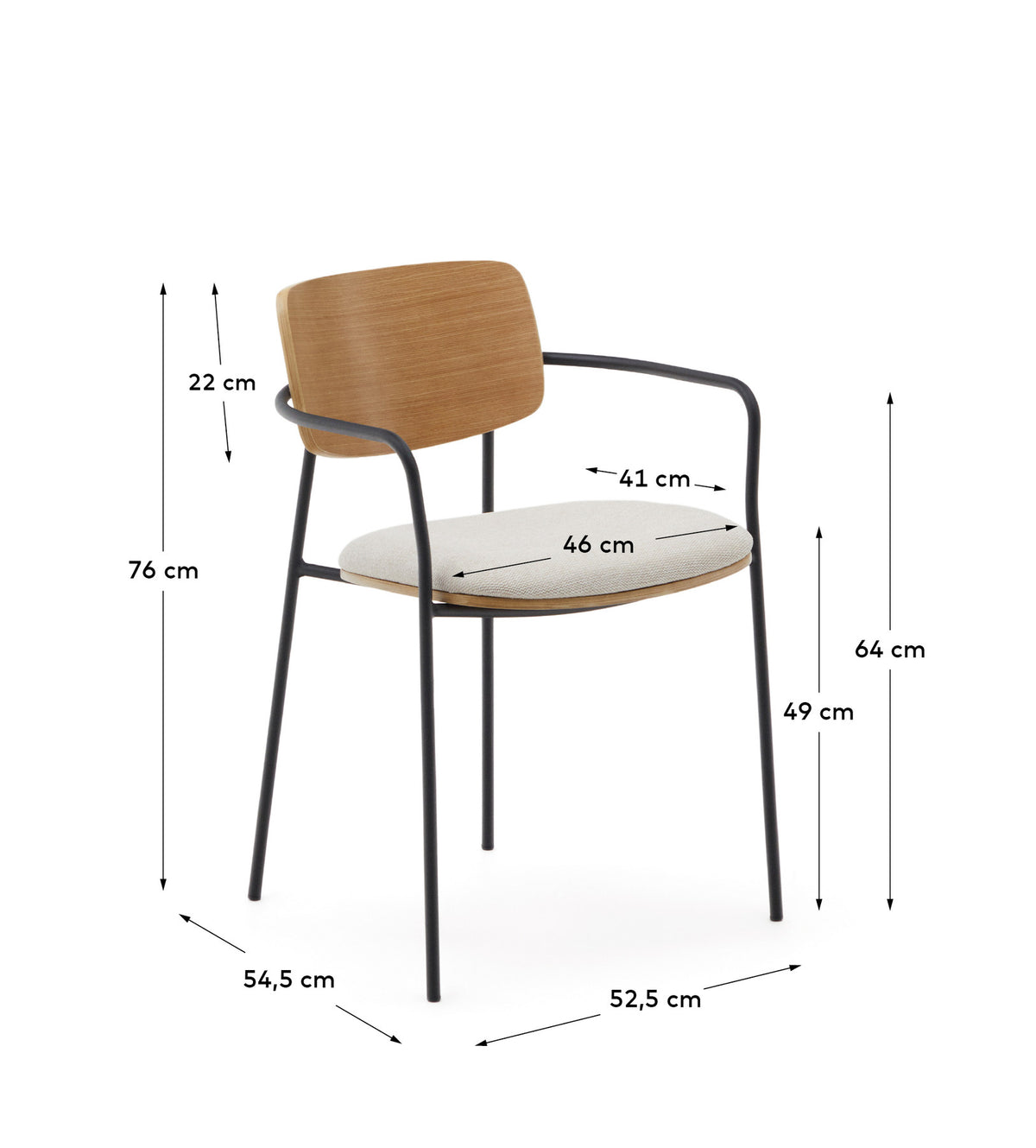 Stapelbarer Stuhl Maureen aus Pappelsperrholz mit warmem Farbton und schwarzen Metallbeinen, 100 % FSC in Beige präsentiert im Onlineshop von KAQTU Design AG. Stuhl mit Armlehne ist von Kave Home