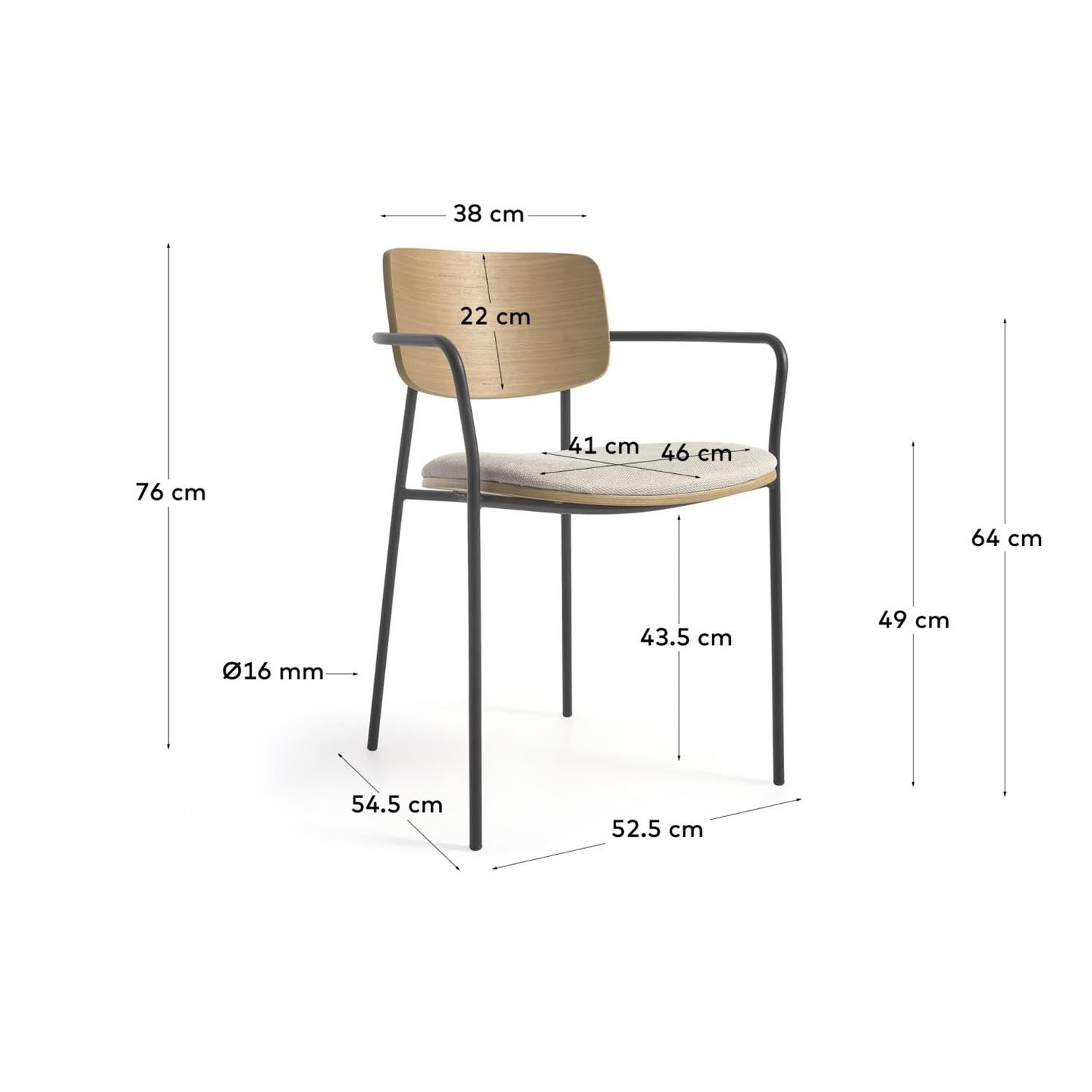 Maureen stapelbarer Stuhl aus Eichenfurnier mit natürlichem Finish und schwarzem Metall in Beige präsentiert im Onlineshop von KAQTU Design AG. Stuhl mit Armlehnen ist von Kave Home