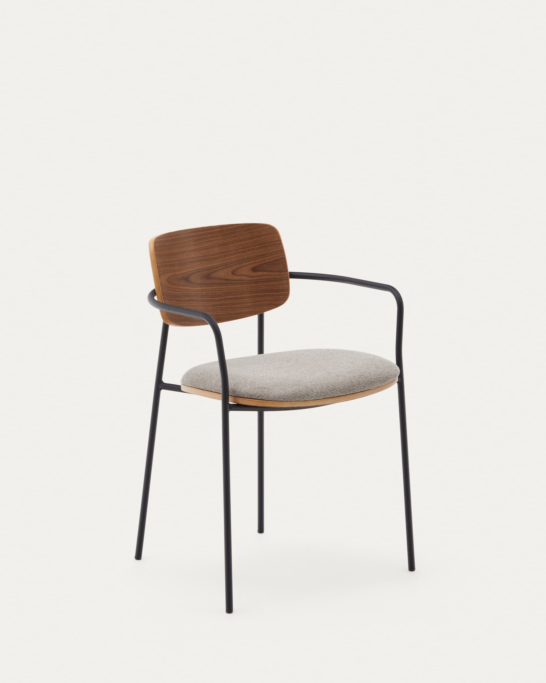 Stapelbarer Stuhl aus Nussbaumfurnier und schwarzem Metall, elegant und modern, ideal für Esszimmer und Büros.