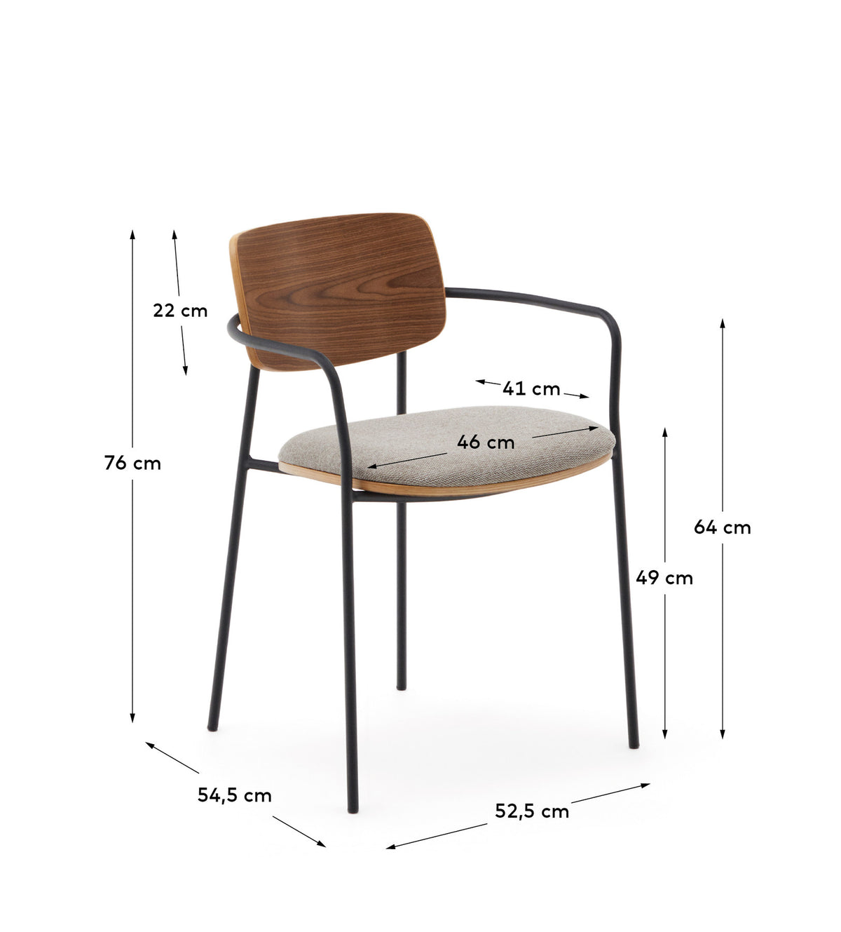 Maureen stapelbarer Stuhl Pappelschichtholz helles Finish Metallbeine in Schwarz FSC 100% in Taupe präsentiert im Onlineshop von KAQTU Design AG. Stuhl mit Armlehne ist von Kave Home