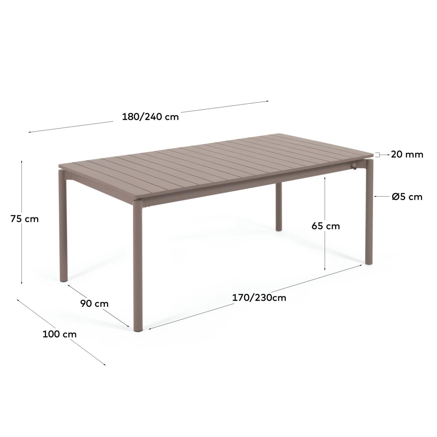 Eleganter, ausziehbarer Outdoor-Tisch aus Aluminium in Mattbraun, ideal für gesellige Runden im Garten.