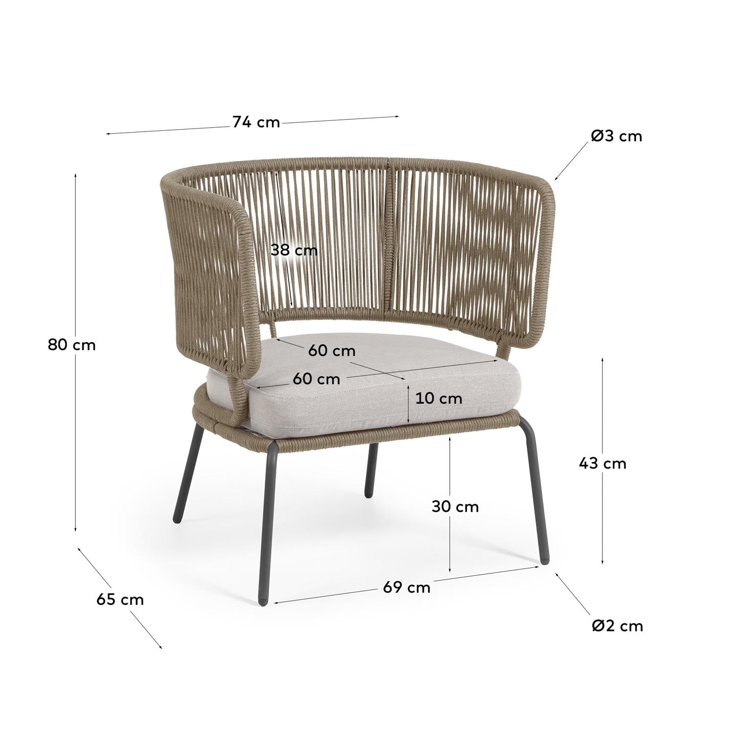 Nadin Sessel von Kave Home: Eleganter Outdoor-Sessel aus beigem Seil und verzinktem Stahl für Komfort und Langlebigkeit im Freien.