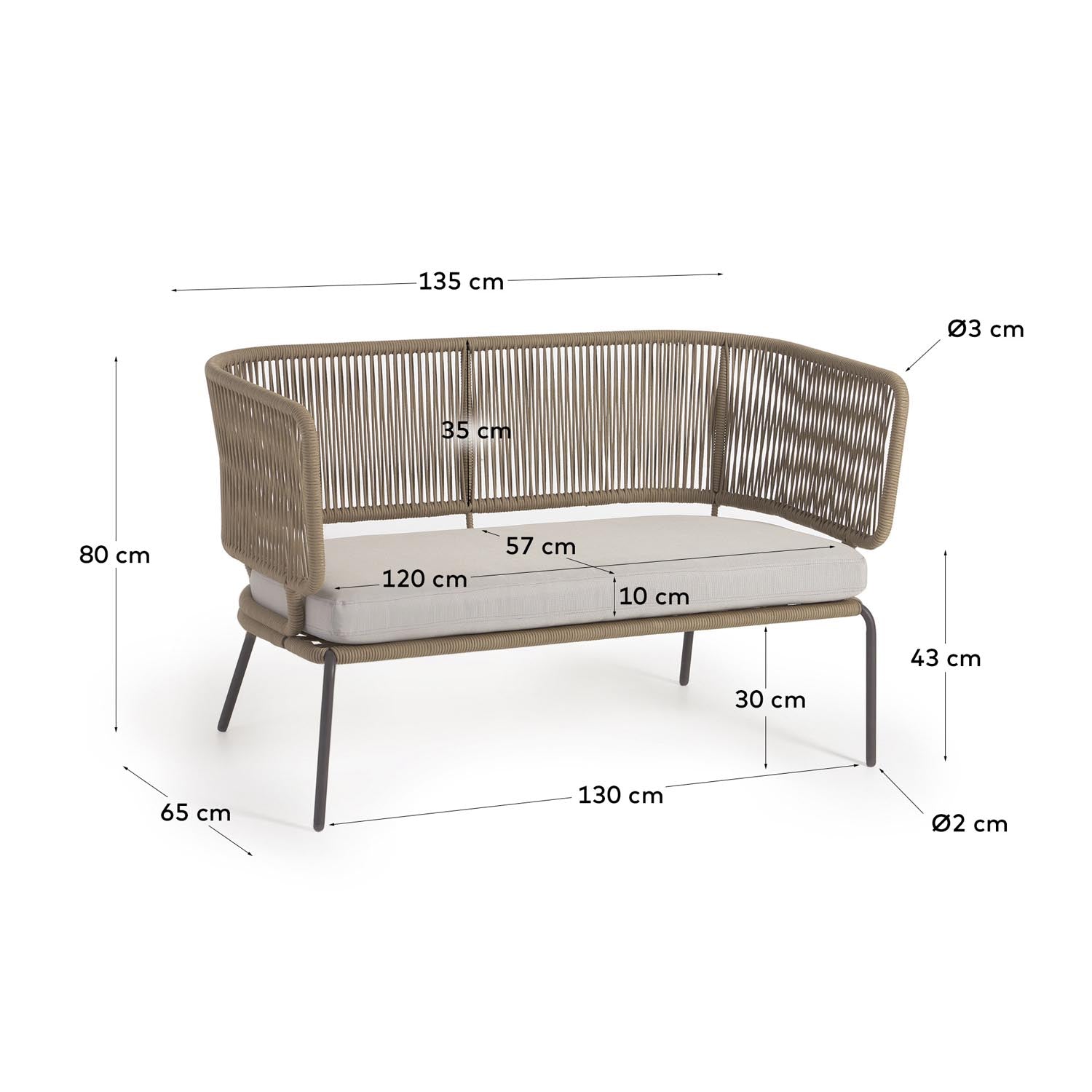 Das Nadin 2-Sitzer Sofa aus beigem Seil und verzinktem Stahl bietet modernes Design und Komfort für Ihren Außenbereich.