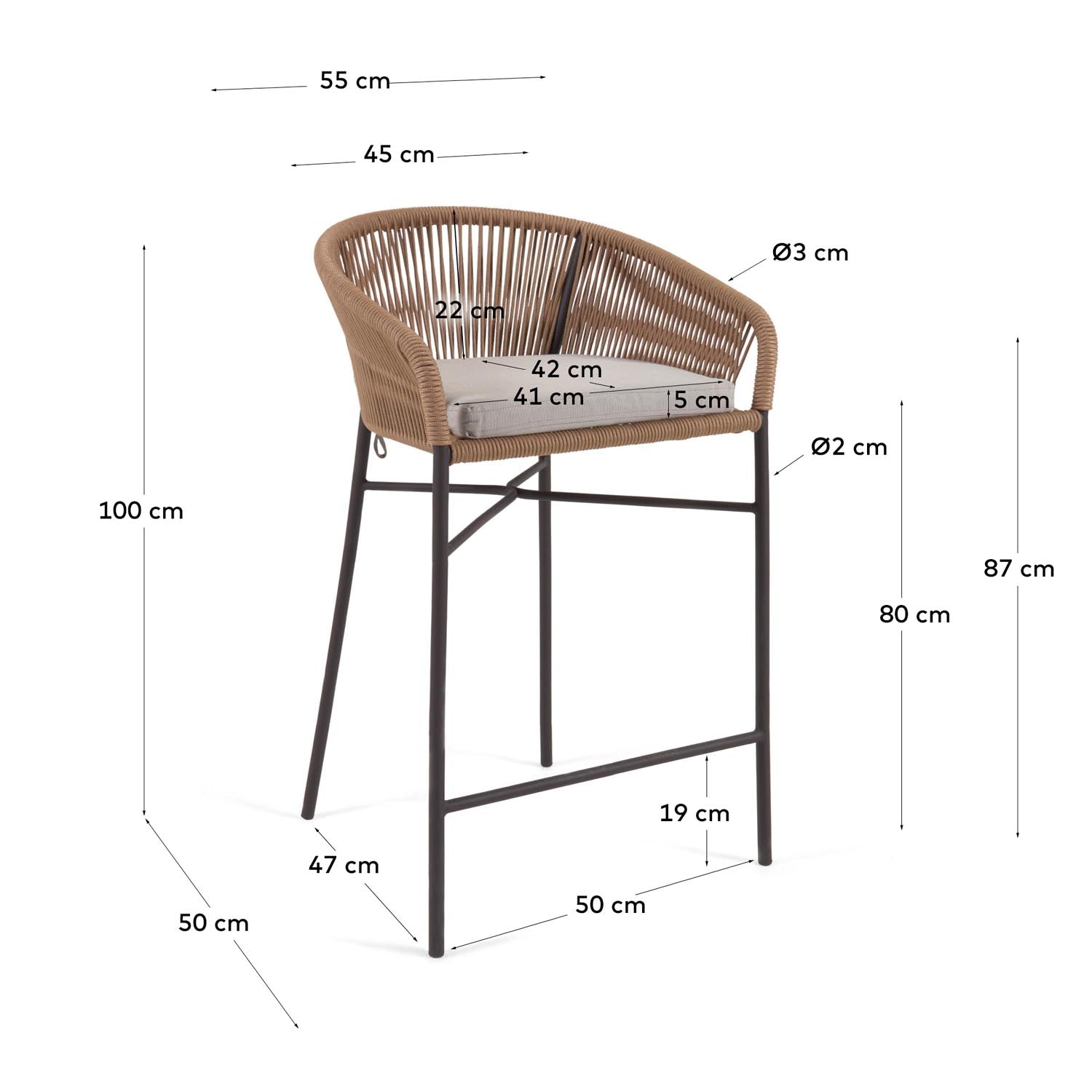 Stylischer Yanet Hocker aus beigem Seil und verzinktem Stahl, 80 cm hoch. Perfekt für Garten und Terrasse, vereint Komfort und modernes Design.