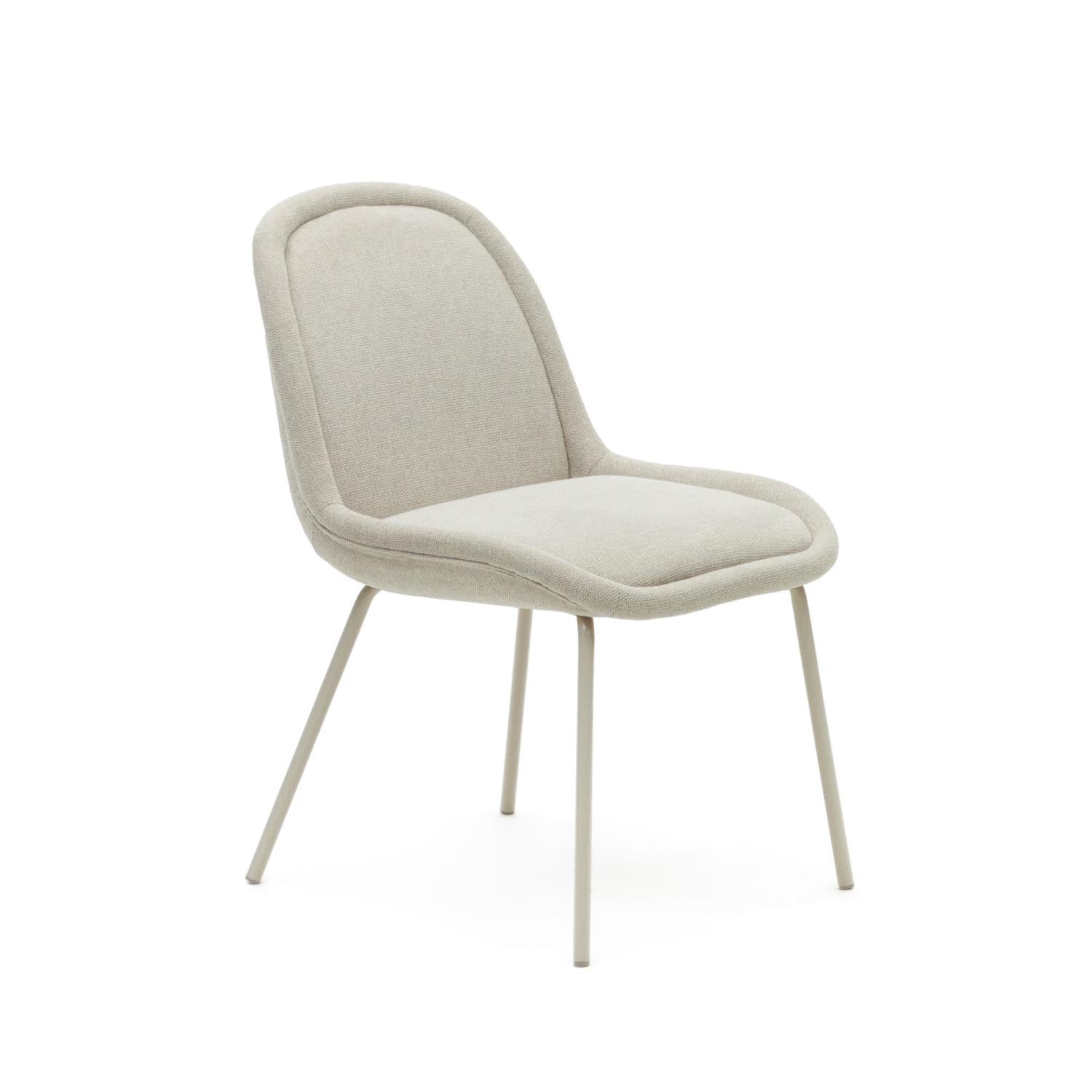 Entdecke den Aimin Stuhl von Kave Home: Beige Chenille, Stahlbeine, elegantes Design, optimaler Komfort. Ideal für Esszimmer und Wohnzimmer.