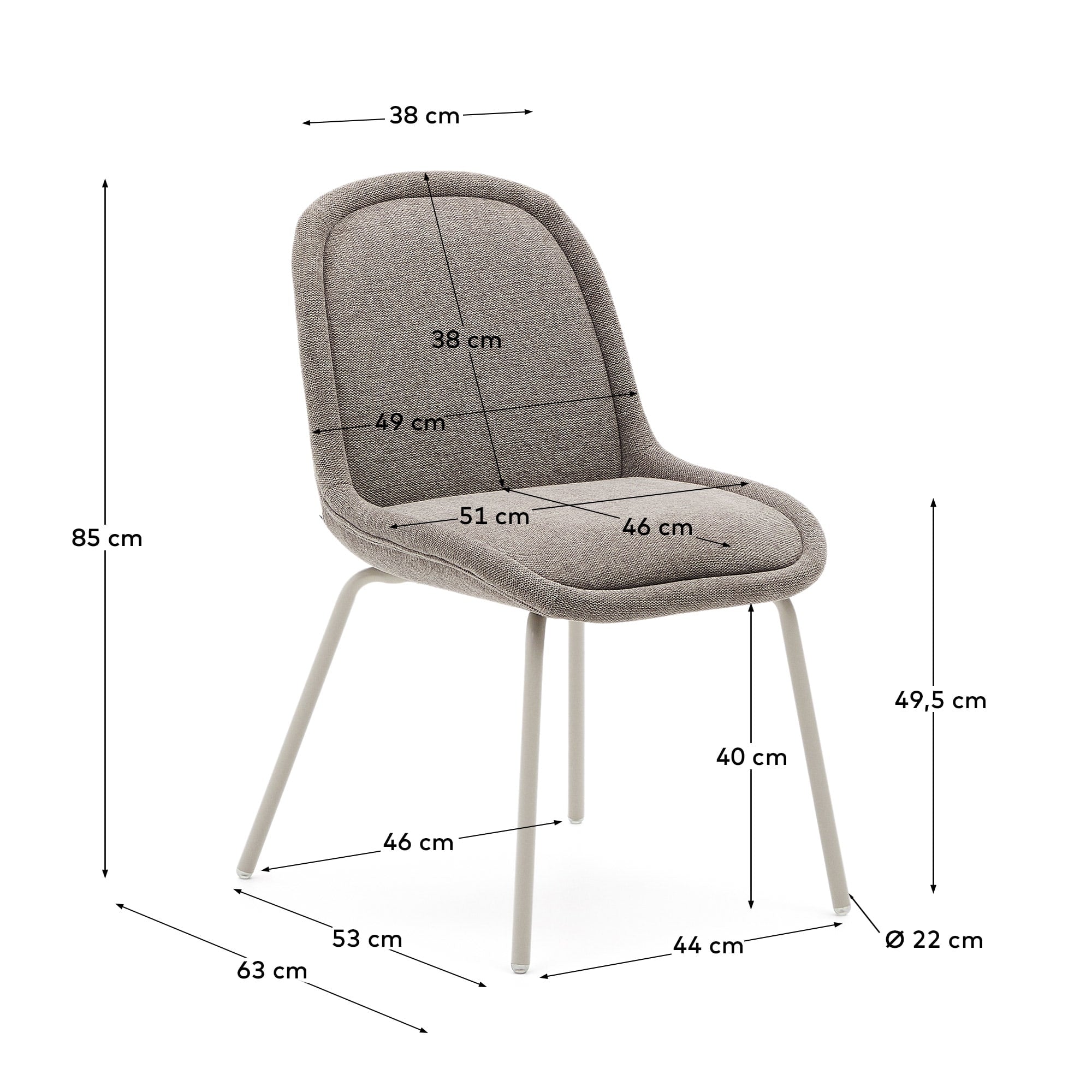Moderner Aimin Stuhl mit hellbraunem Chenillebezug, beigen Stahlbeinen und umweltfreundlichem FSC-zertifiziertem Material.