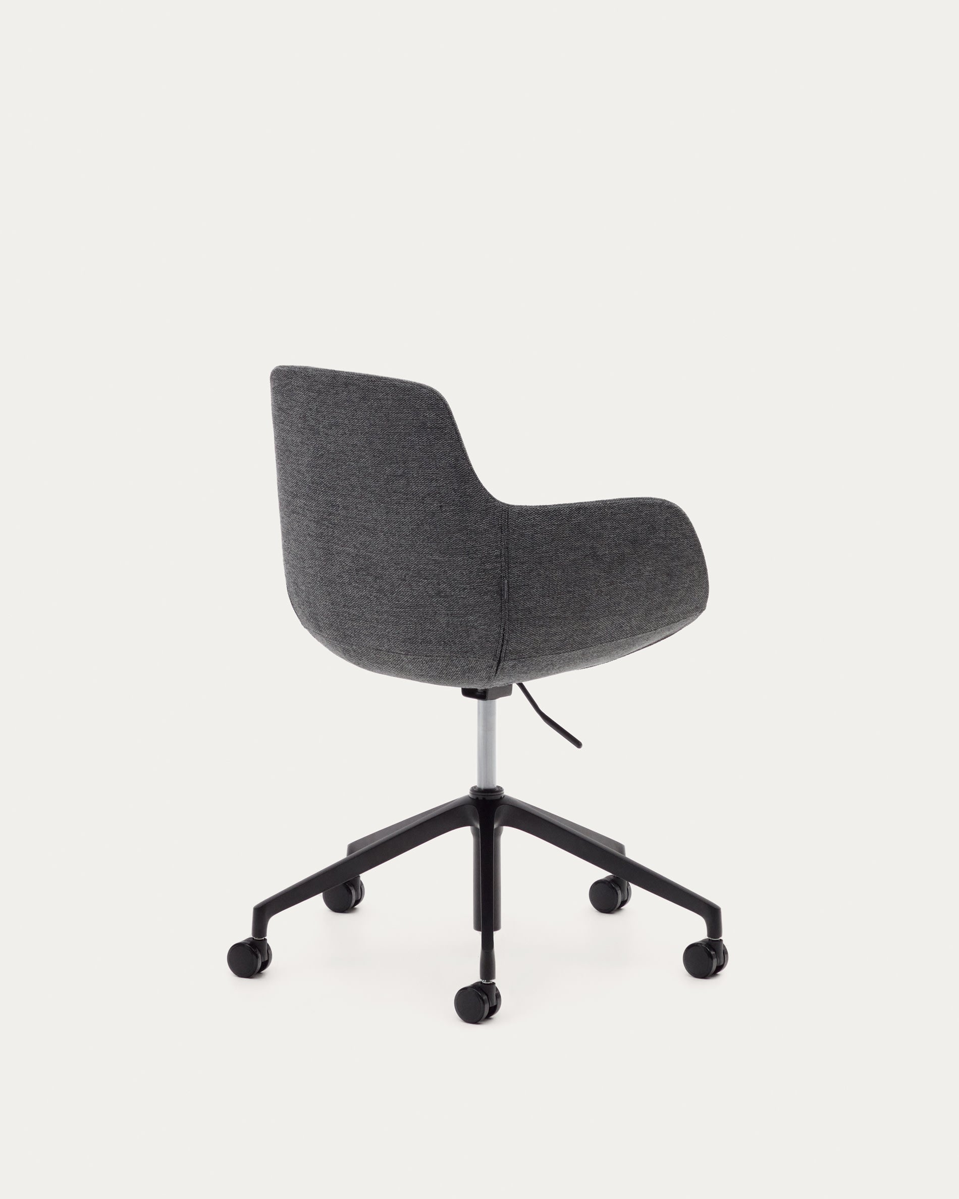 Eleganter Tissiana Bürostuhl in Dunkelgrau mit mattschwarzem Aluminiumrahmen, perfekt für moderne Arbeitsbereiche und Homeoffices.