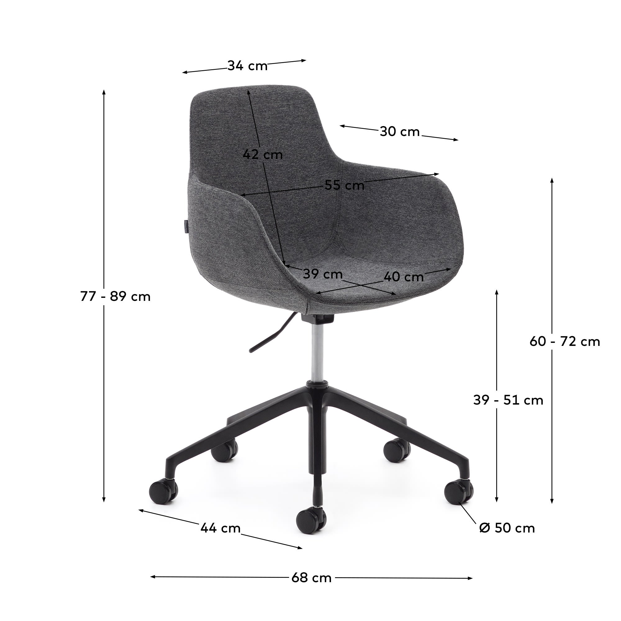 Eleganter Tissiana Schreibtischstuhl in Dunkelgrau, mit ergonomischen Armlehnen und robuster mattschwarzer Aluminium-Basis für stilvolles Arbeiten.