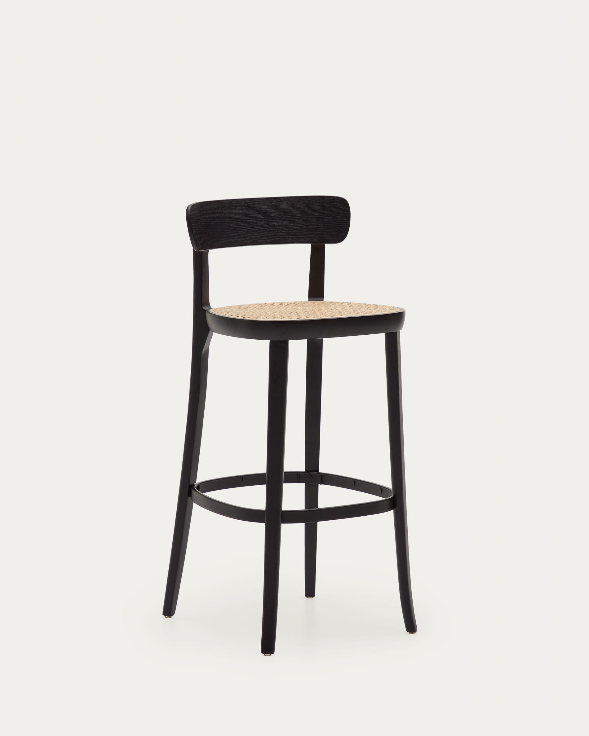 Eleganter Romane Hocker aus Buchenholz mit schwarzem Finish, Eschenfurnier und Rattan, 75 cm hoch, ideal für stilvolle Räume.