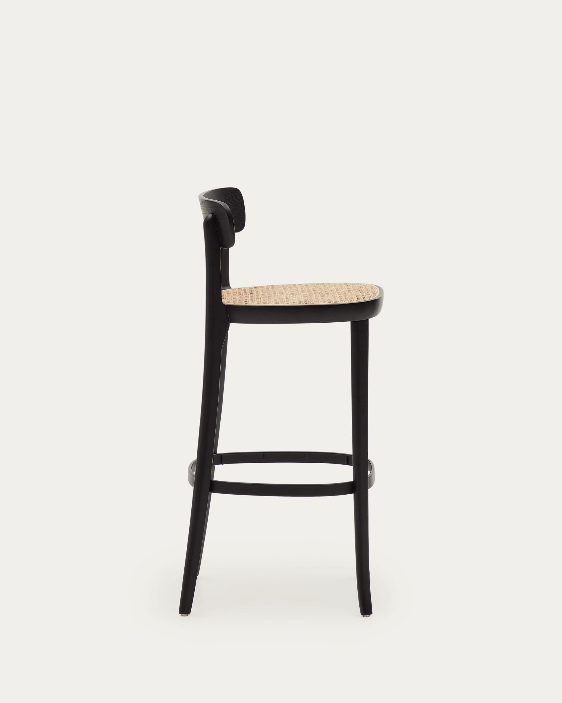 Eleganter Romane Hocker aus Buchenholz mit schwarzem Finish, Eschenfurnier und Rattan, 75 cm hoch, ideal für moderne Wohnräume.