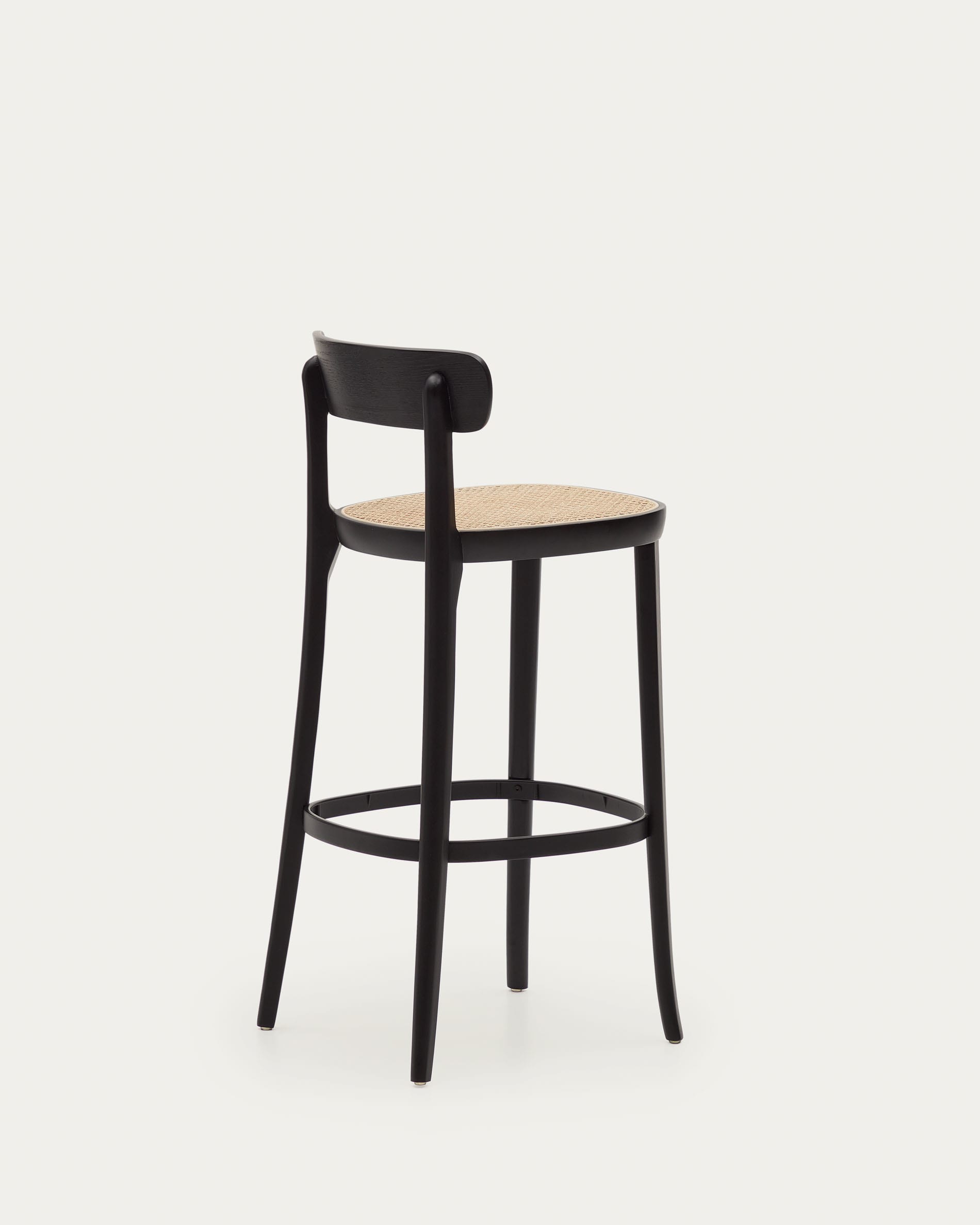 Moderner Romane Hocker aus Buchenholz, schwarzes Finish, Eschenfurnier und Rattan, 75 cm hoch, perfekt für stilvolle Einrichtungen.