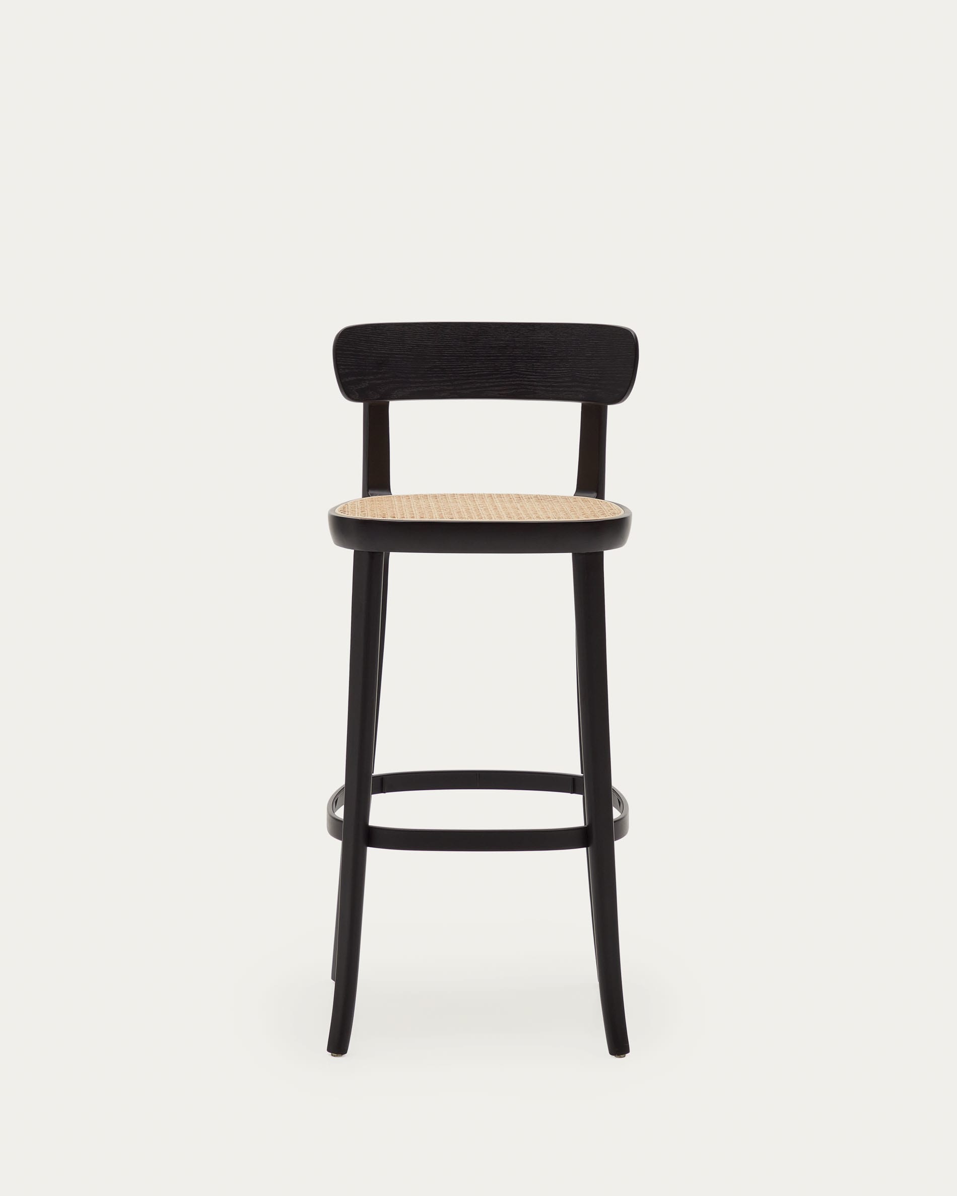 Eleganter Romane Hocker aus Buchenholz mit schwarzem Finish, Eschenfurnier und Rattan, 75 cm hoch, ideal für stilvolle Räume.