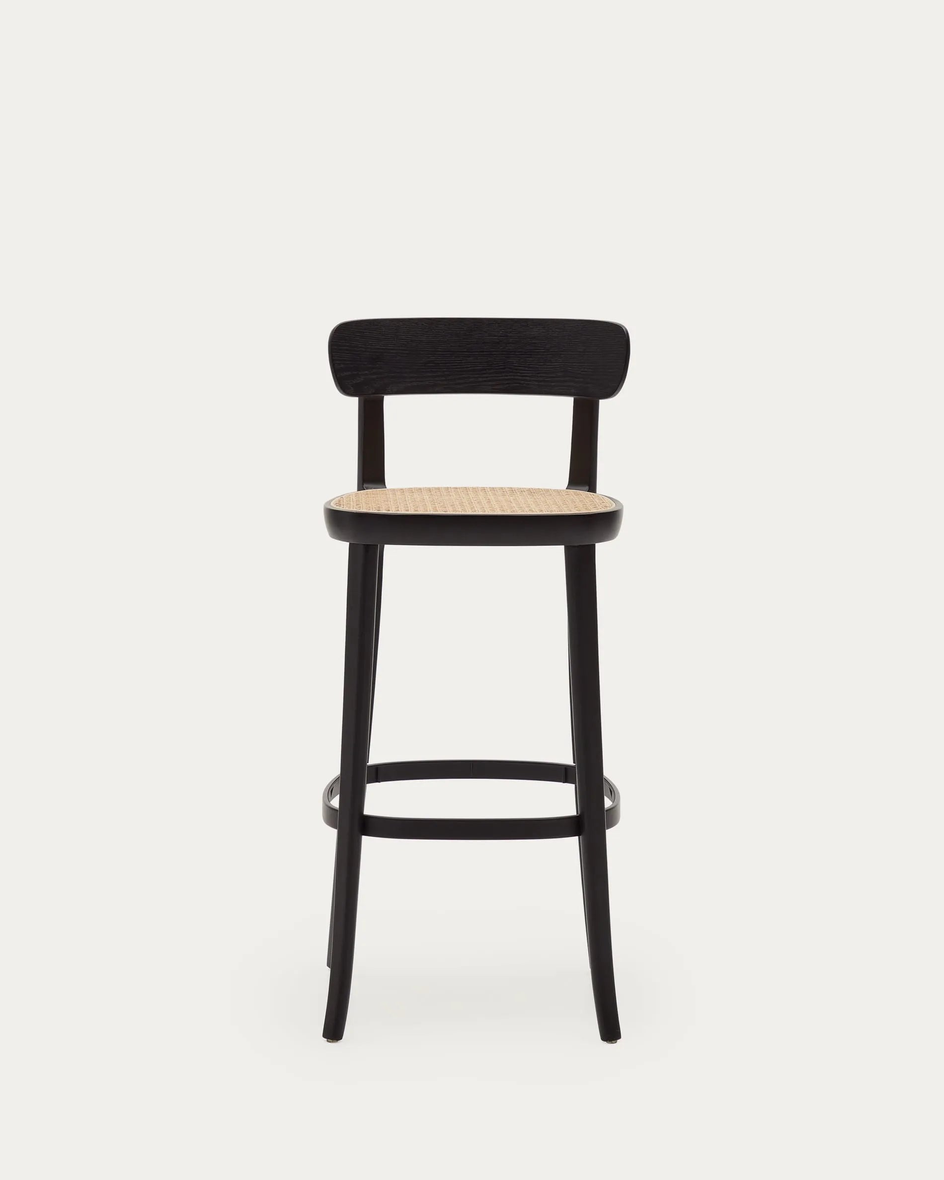 Eleganter Romane Hocker aus Buchenholz mit schwarzem Finish, Eschenfurnier und Rattan, 75 cm hoch, ideal für moderne Wohnräume.